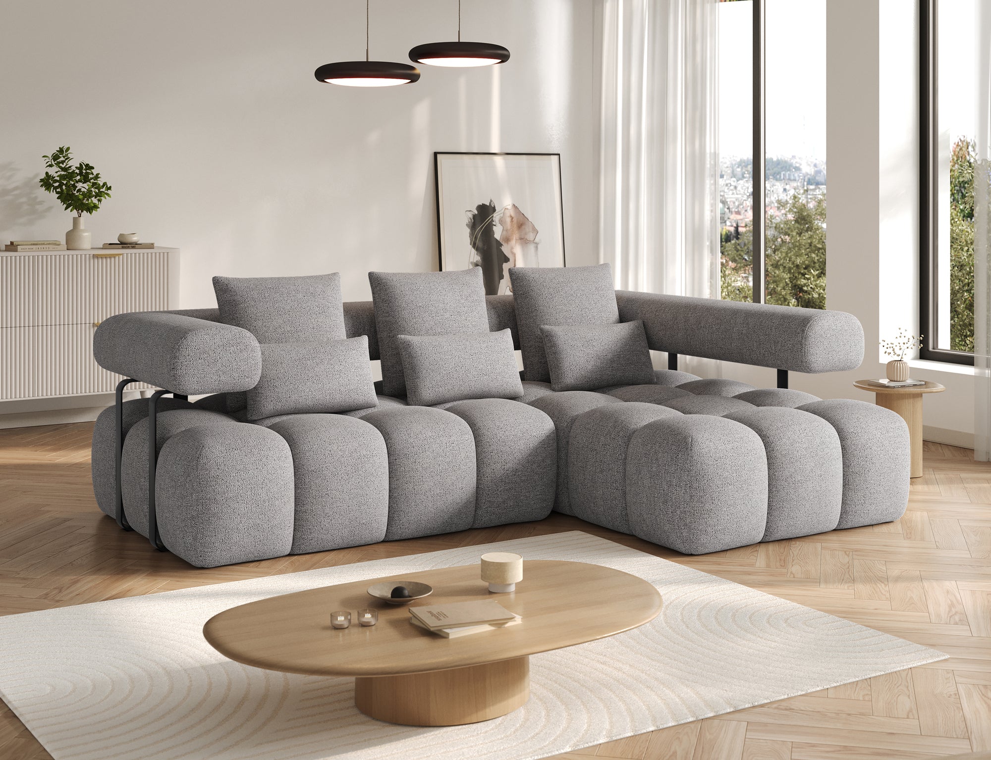 Canapé d'angle convertible design DUROC avec extension électrique - Boucle gris clair - vue 3