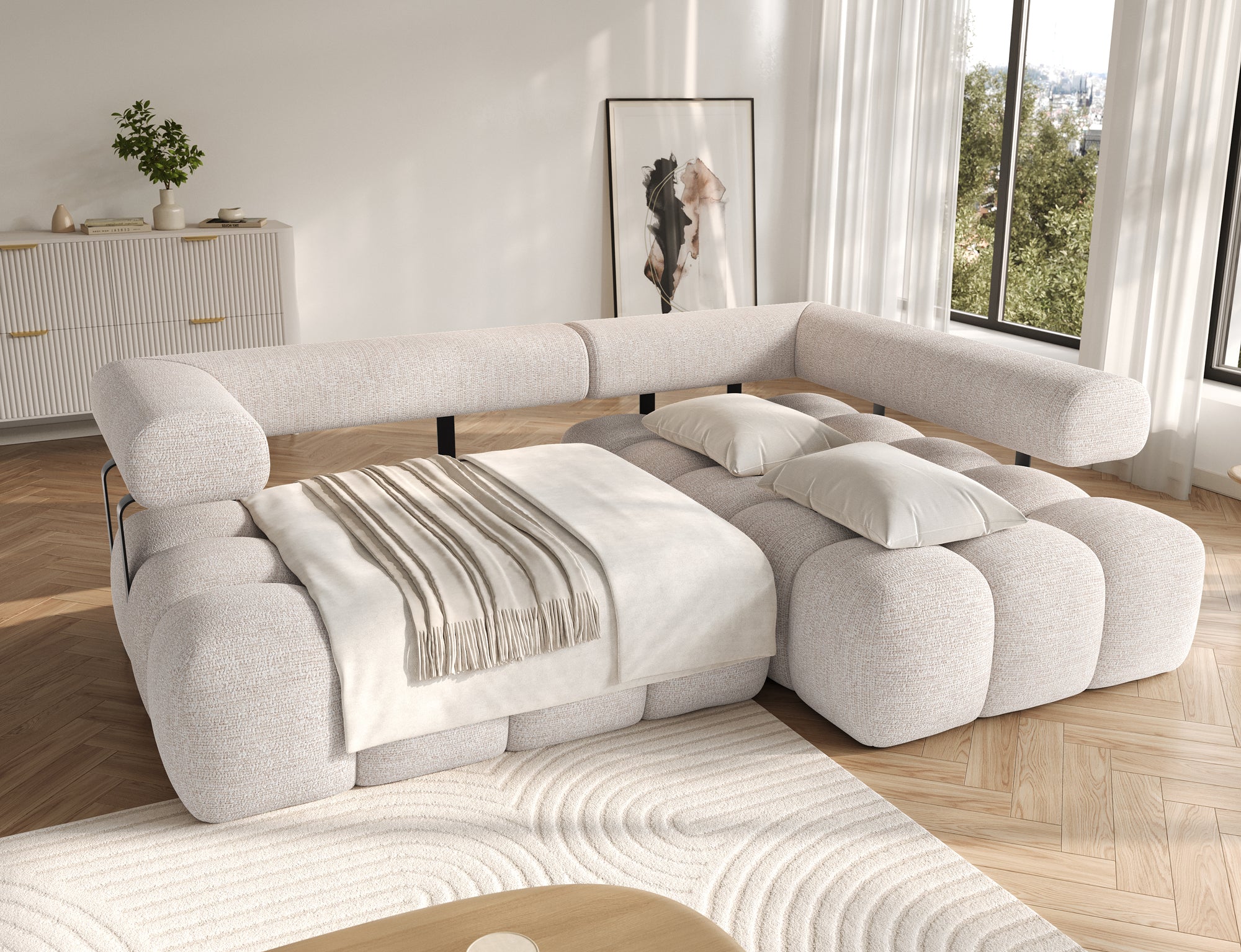 Canapé d'angle convertible design DUROC avec extension électrique - Boucle sable - vue 2