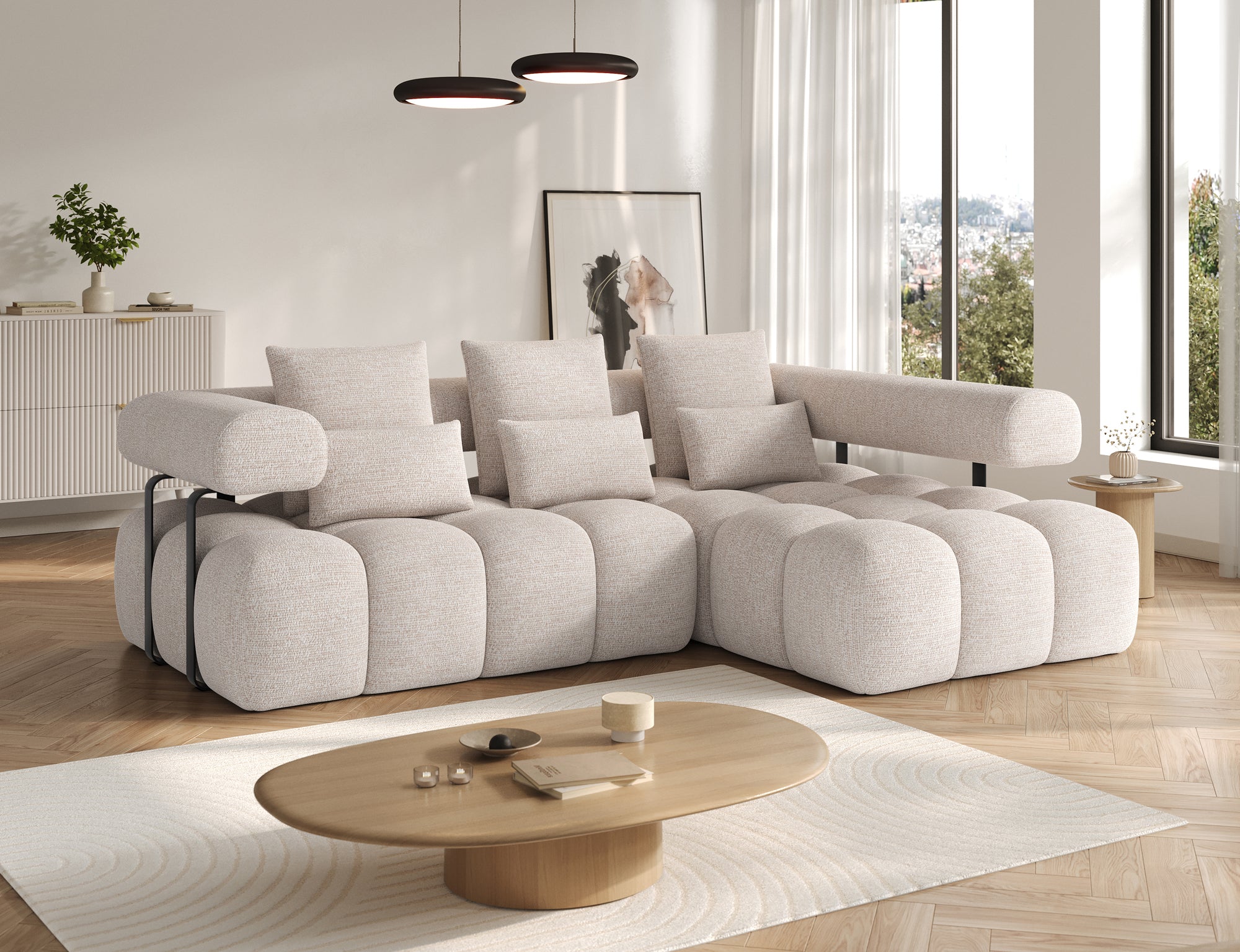 Canapé d'angle convertible design DUROC avec extension électrique - Boucle sable - vue 3