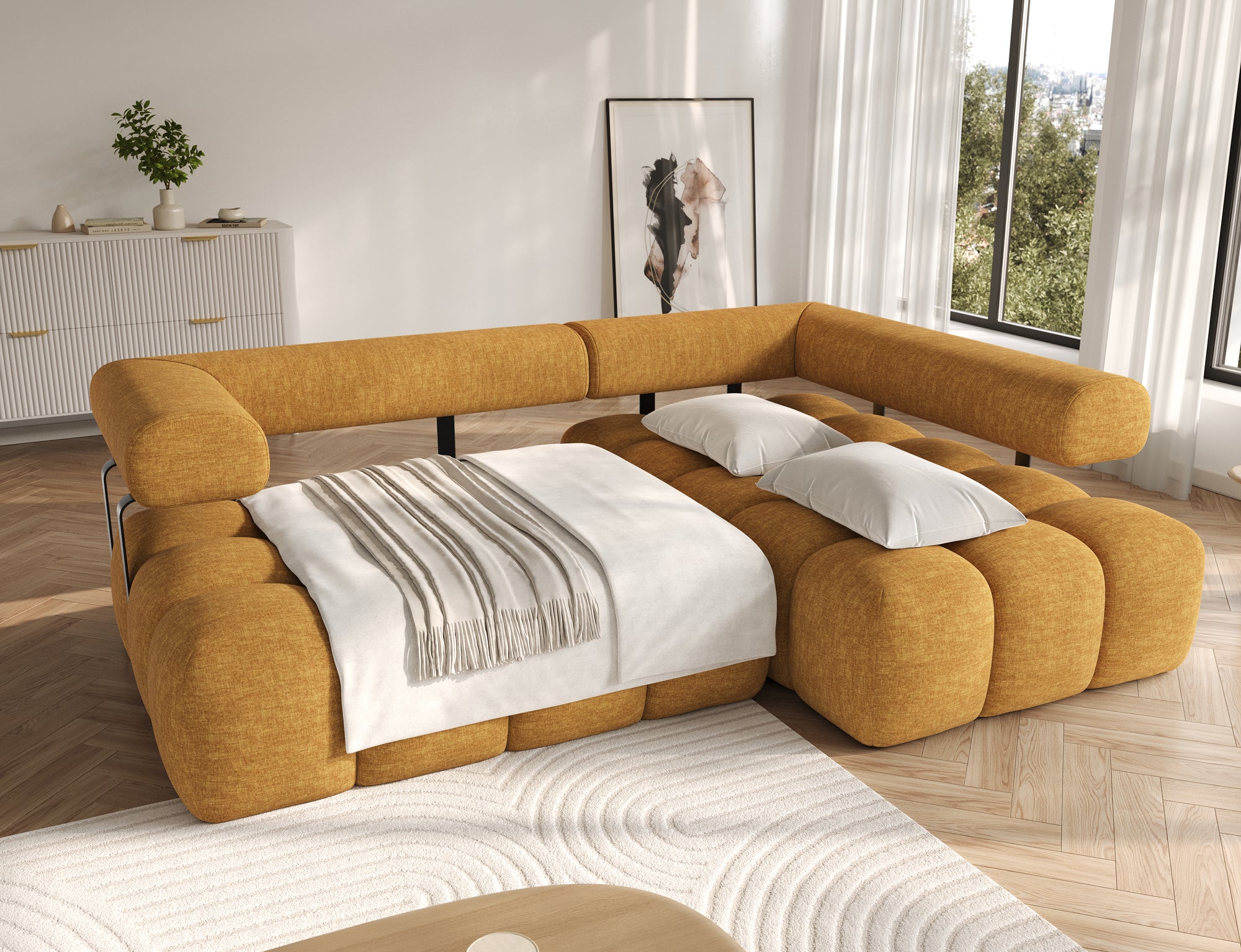 Canapé d'angle convertible design DUROC avec extension électrique - Velours maille ambre - vue 2