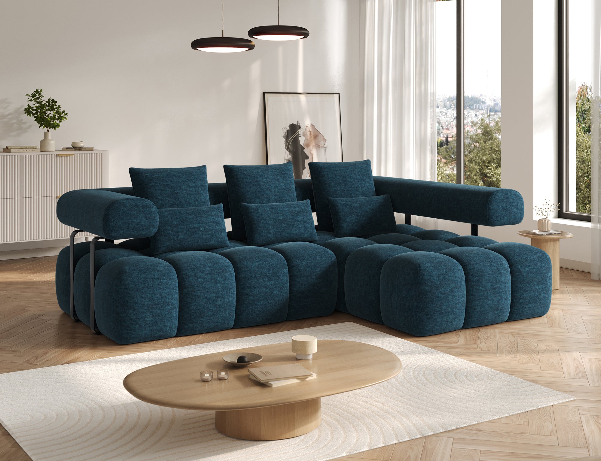 Canapé d'angle convertible design DUROC avec extension électrique - Velours maille bleu marine - vue 3