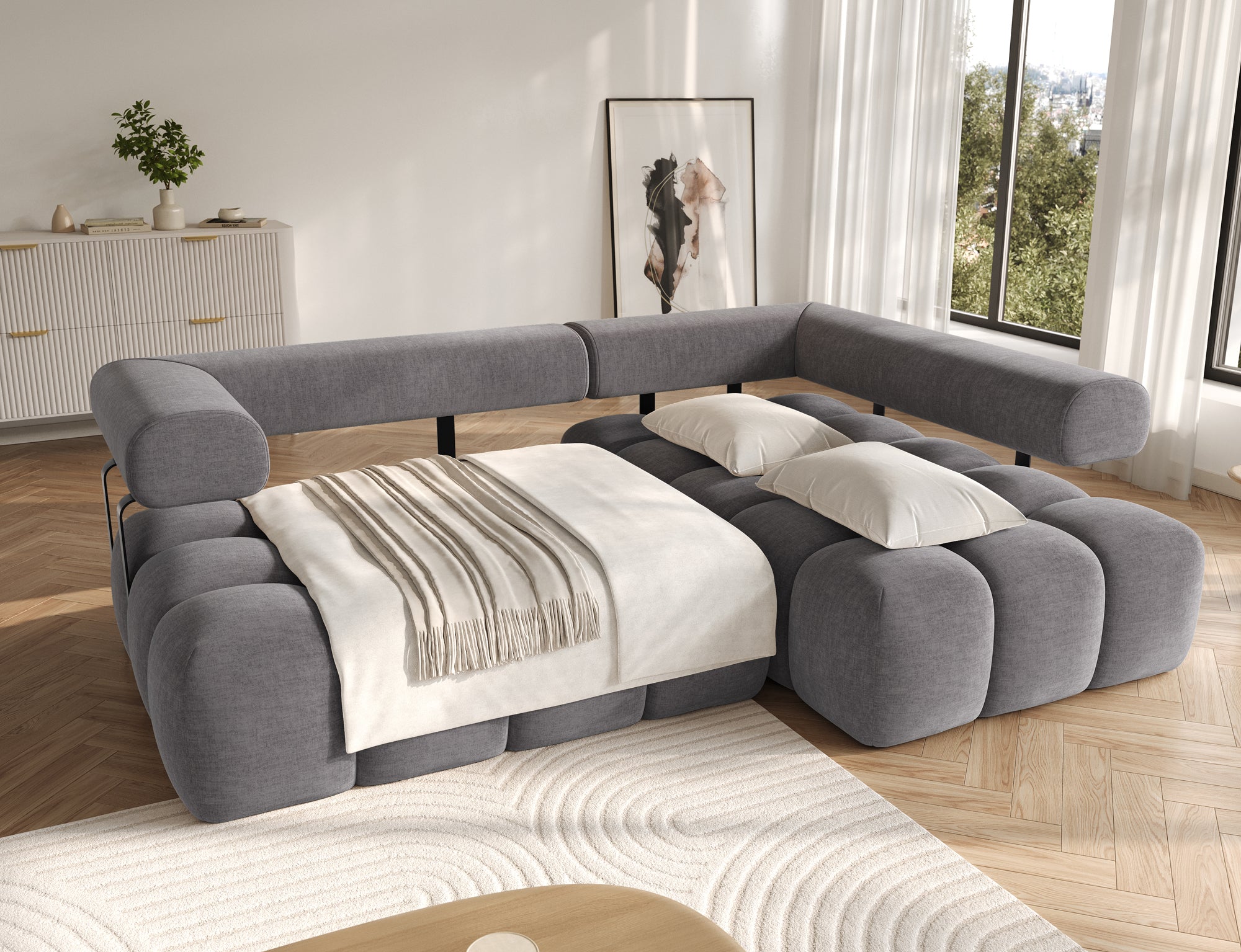 Canapé d'angle convertible design DUROC avec extension électrique - Velours maille gris argent - vue 2