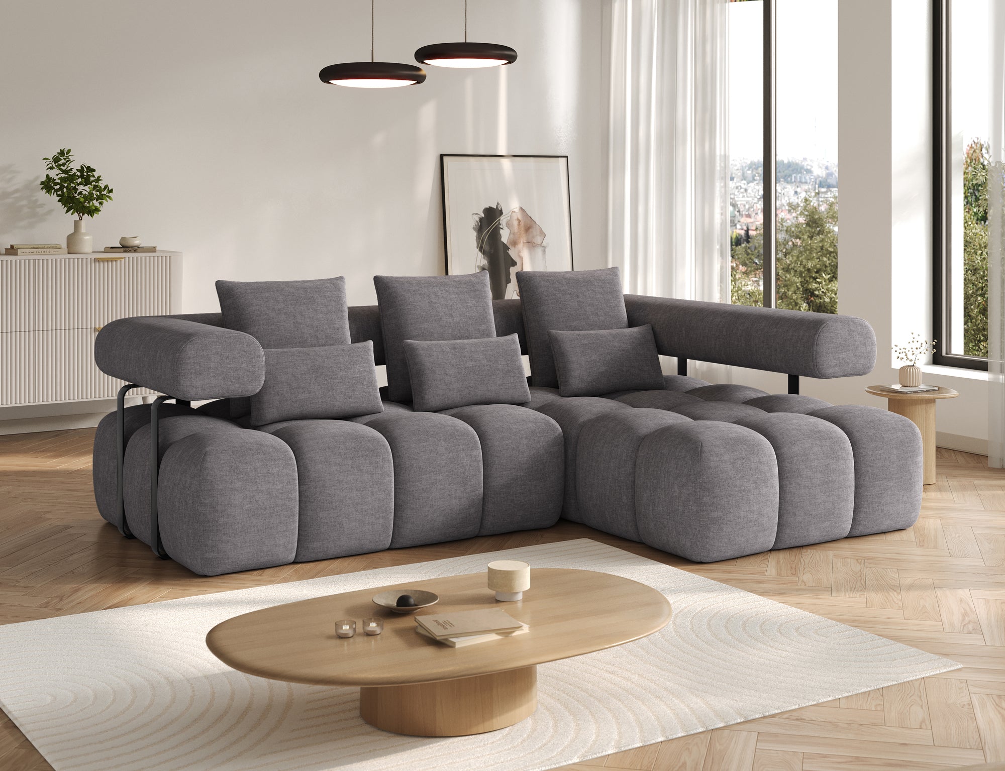 Canapé d'angle convertible design DUROC avec extension électrique - Velours maille gris argent - vue 3