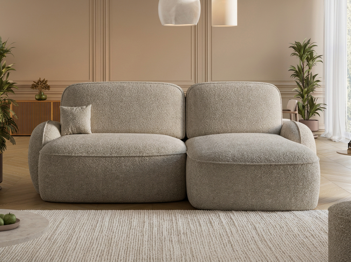 Canapé d'angle convertible design MIRABEAU avec coffre de rangement - Bouclette chinée beige - vue 3