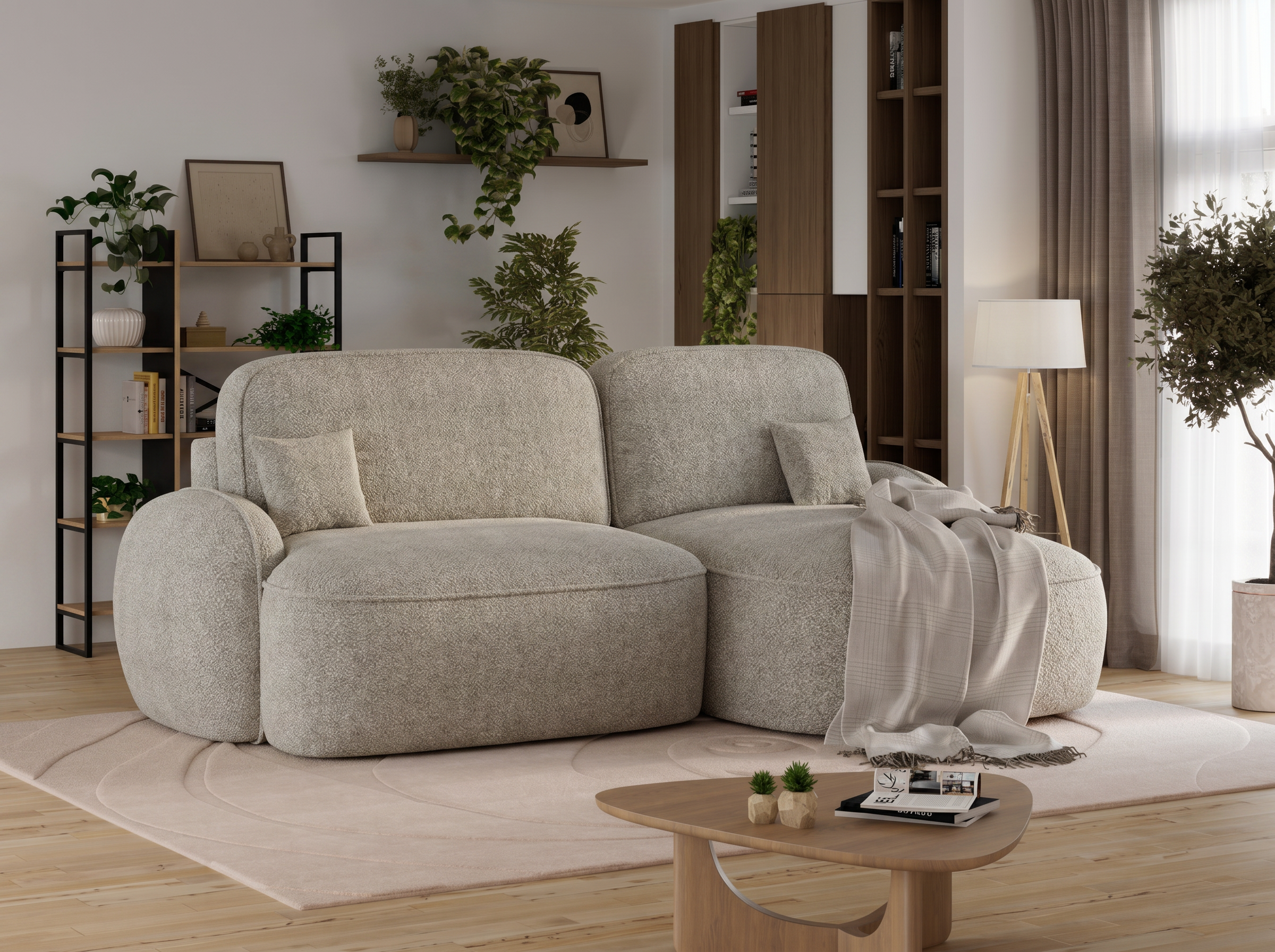 Canapé d'angle convertible design MIRABEAU avec coffre de rangement - Bouclette chinée beige - vue 4