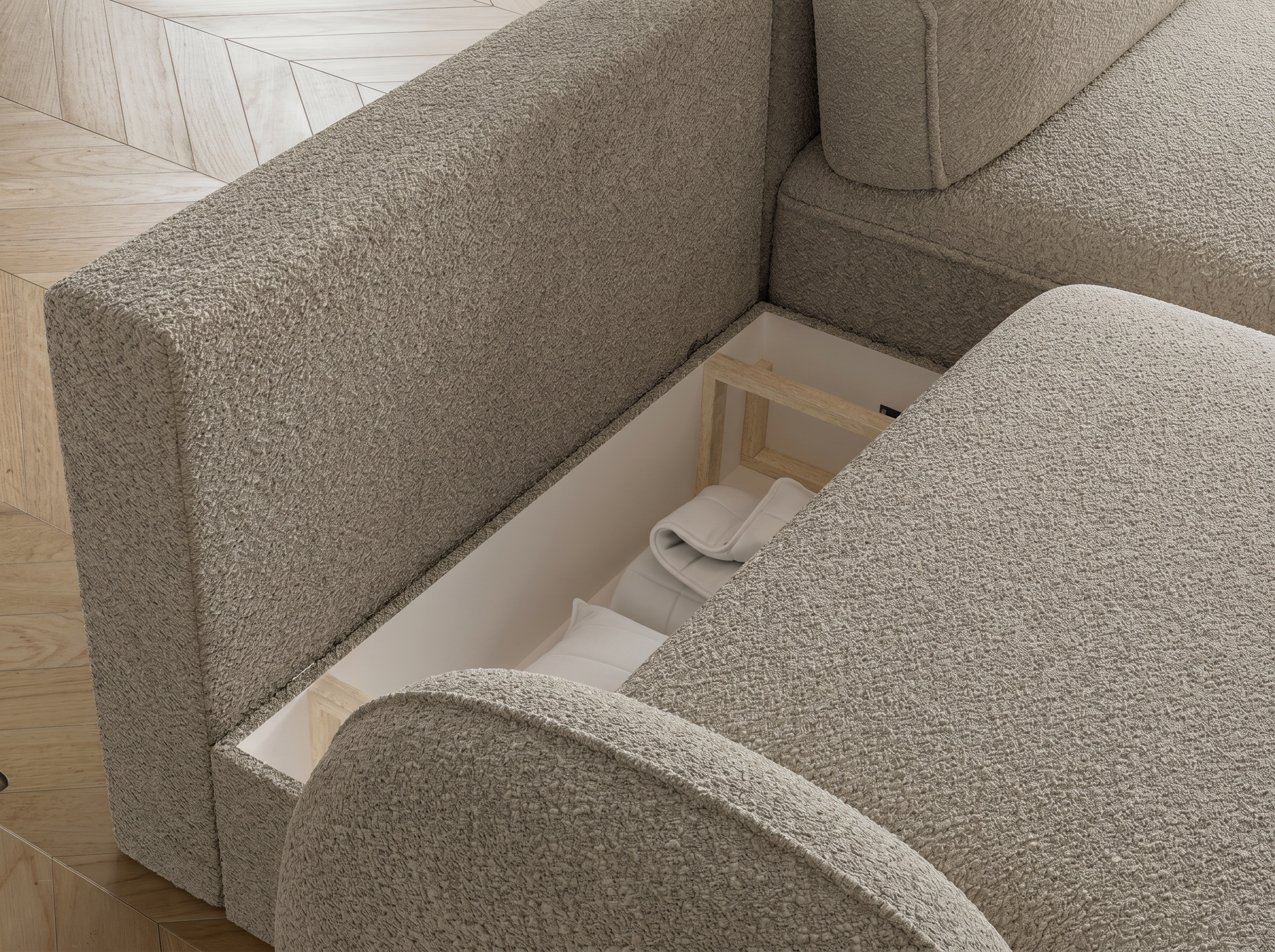 Canapé d'angle convertible design MIRABEAU avec coffre de rangement - Bouclette chinée beige - vue 9
