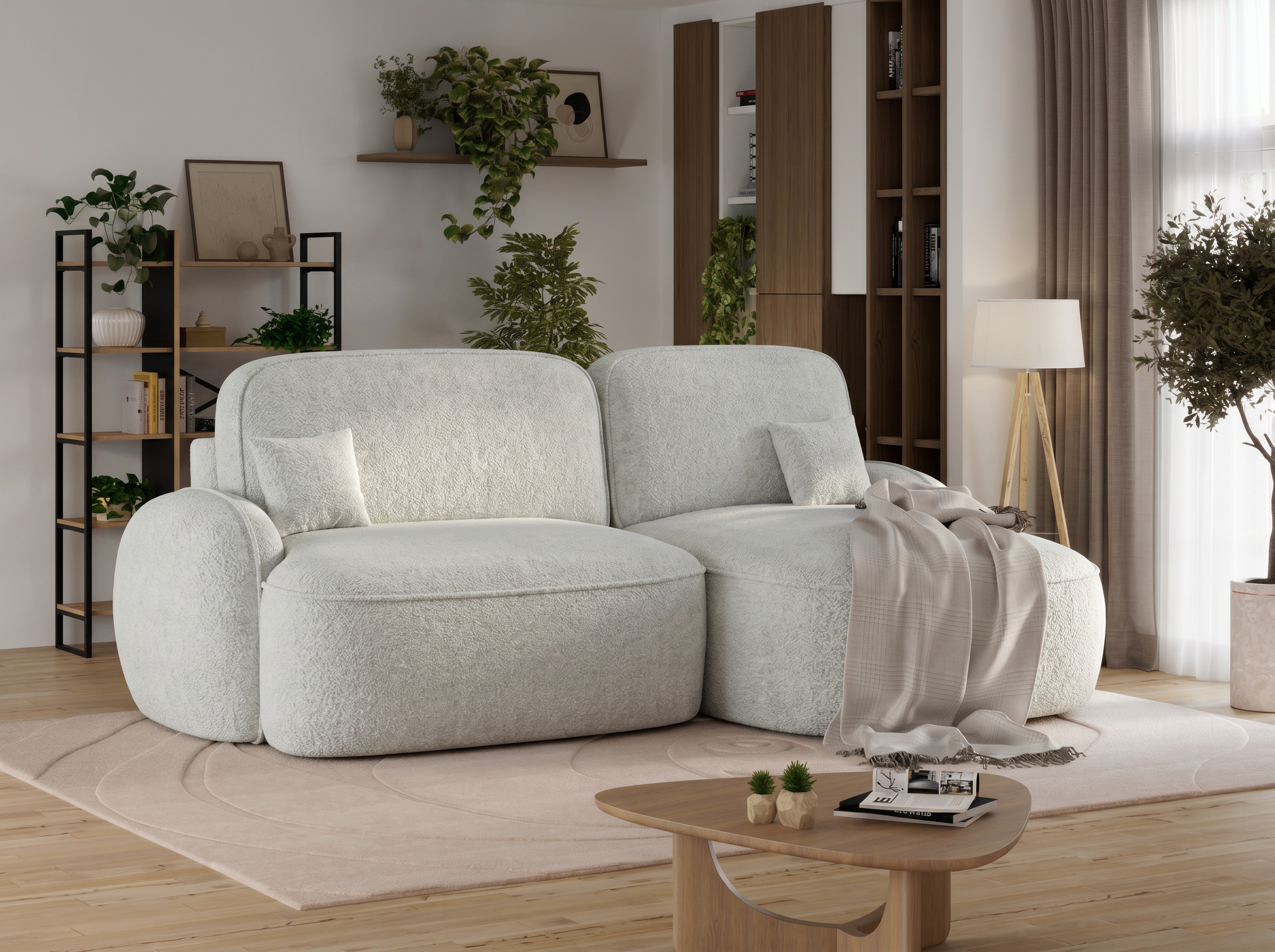Canapé d'angle convertible design MIRABEAU avec coffre de rangement - Bouclette chinée crème - vue 4