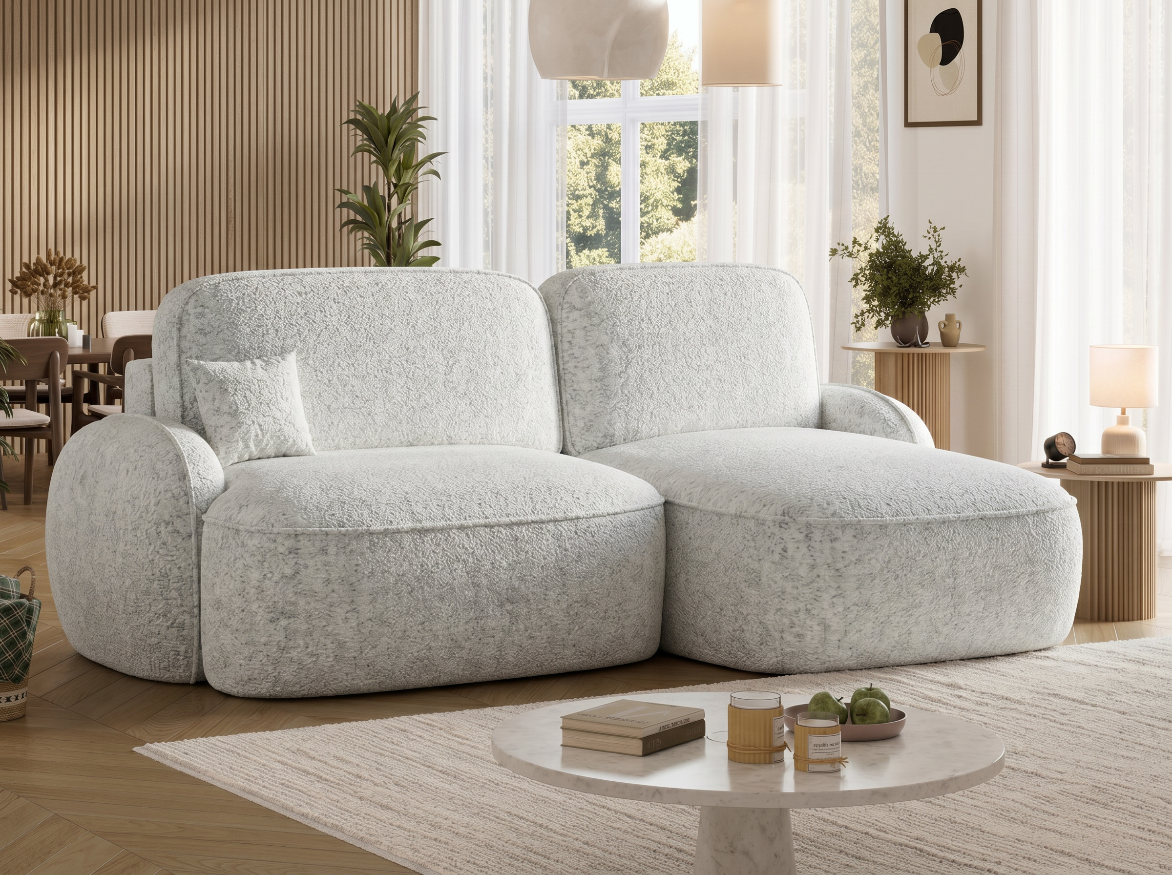 Canapé d'angle convertible design MIRABEAU avec coffre de rangement - Bouclette chinée crème - vue 5