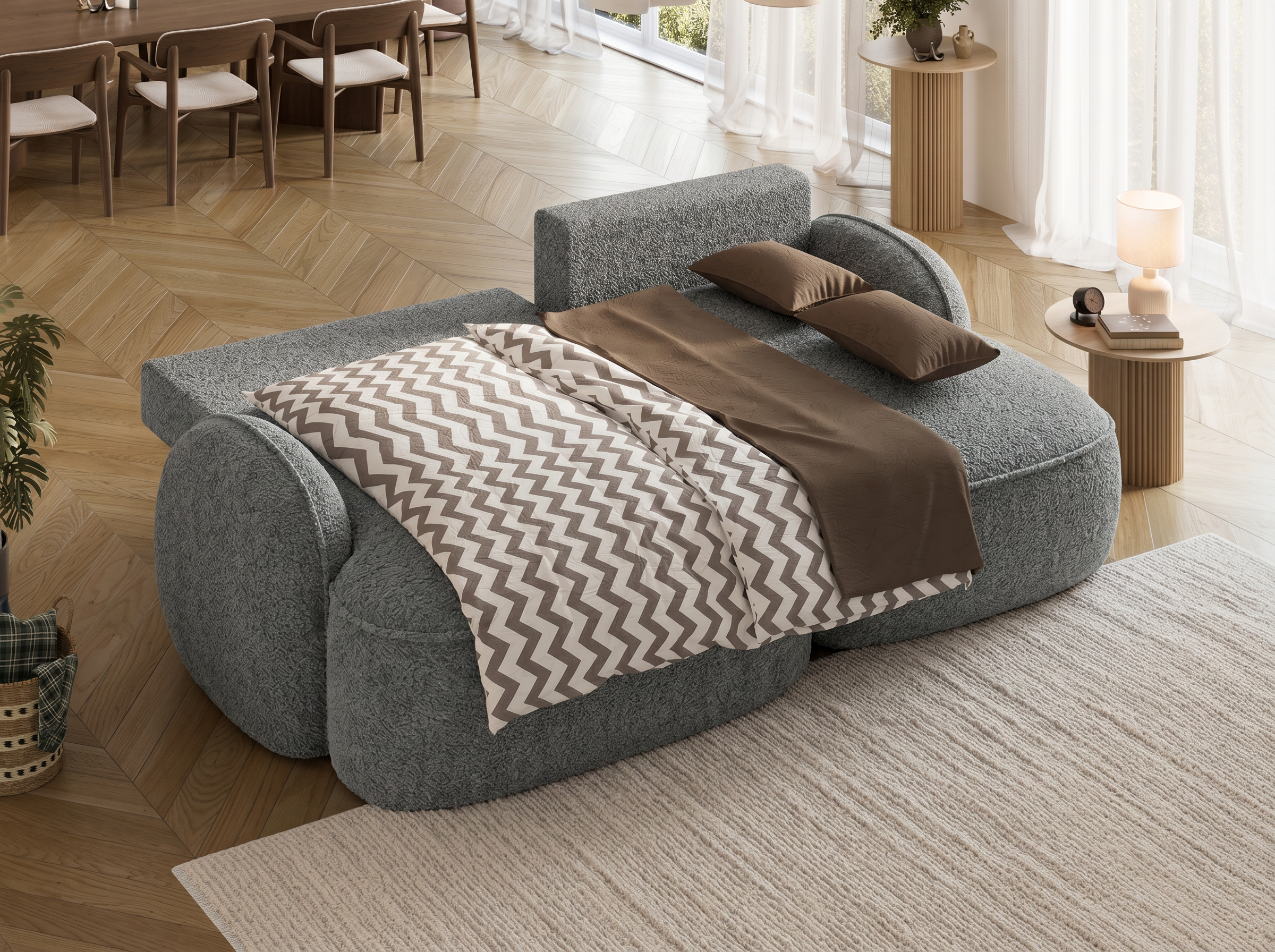 Canapé d'angle convertible design MIRABEAU avec coffre de rangement - Bouclette chinée gris - vue 2