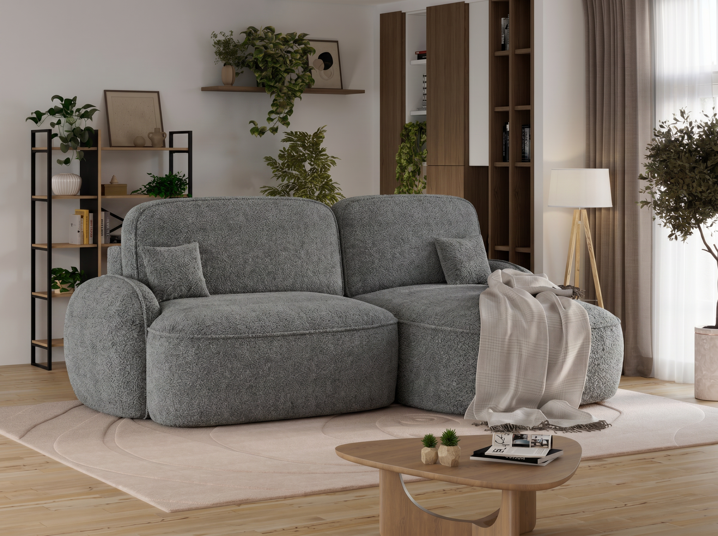 Canapé d'angle convertible design MIRABEAU avec coffre de rangement - Bouclette chinée gris - vue 4