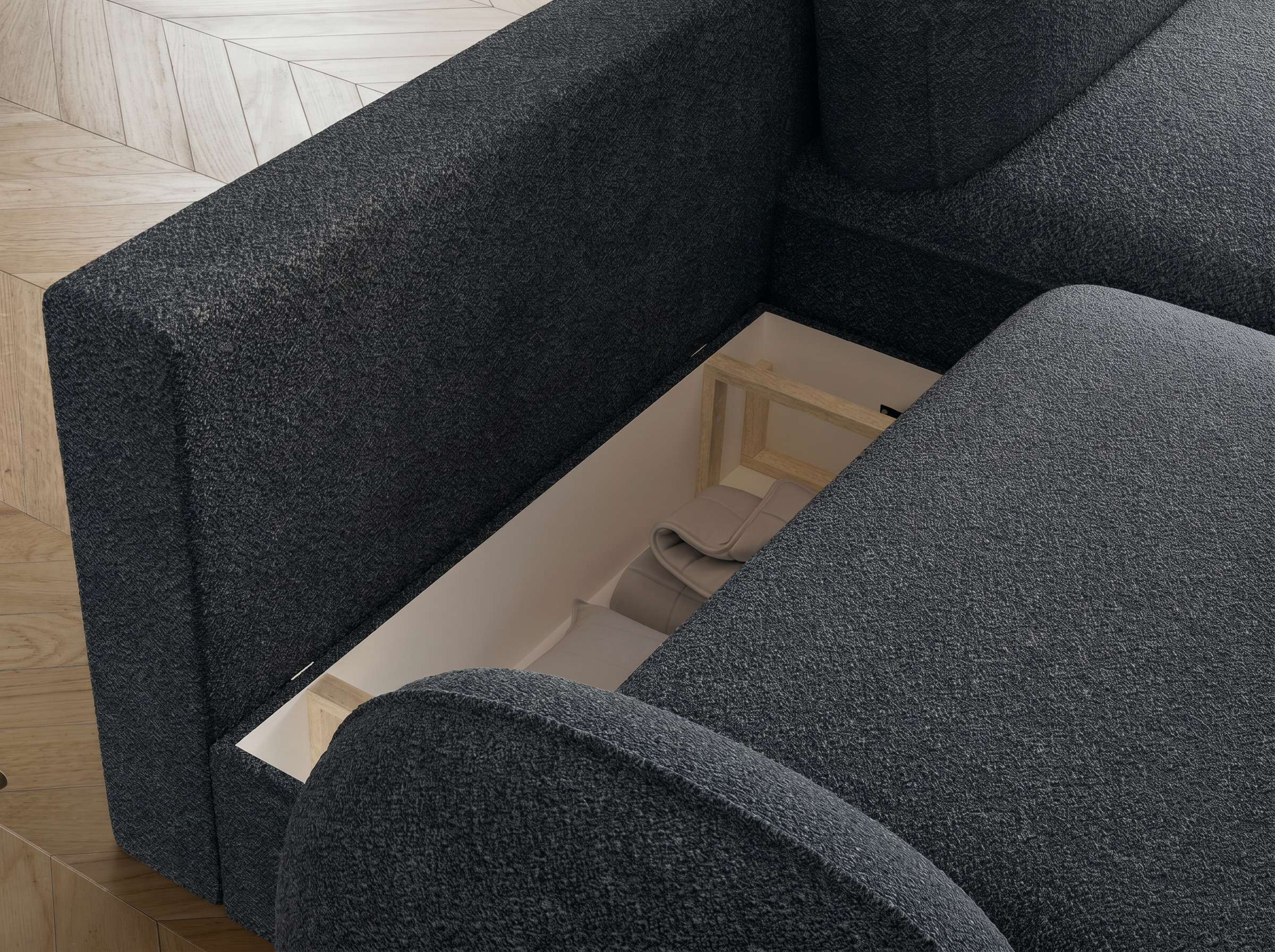 Canapé d'angle convertible design MIRABEAU avec coffre de rangement - Bouclette chinée gris foncé - vue 9