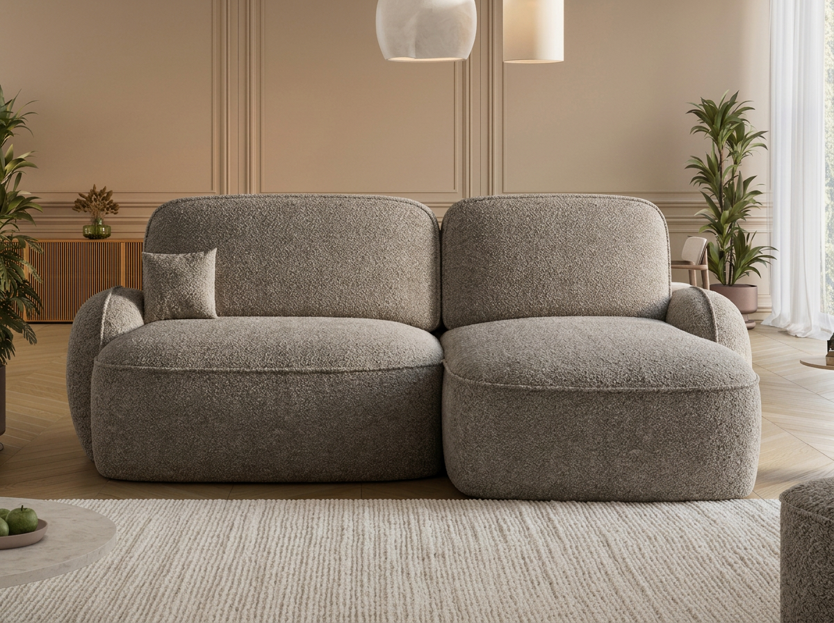 Canapé d'angle convertible design MIRABEAU avec coffre de rangement - Bouclette chinée taupe - vue 3
