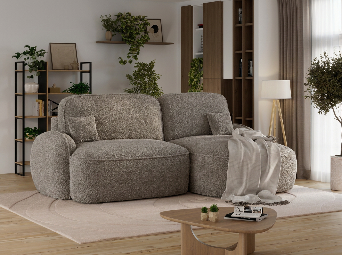 Canapé d'angle convertible design MIRABEAU avec coffre de rangement - Bouclette chinée taupe - vue 5