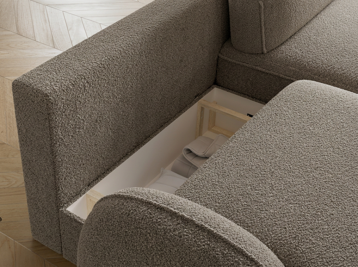 Canapé d'angle convertible design MIRABEAU avec coffre de rangement - Bouclette chinée taupe - vue 9
