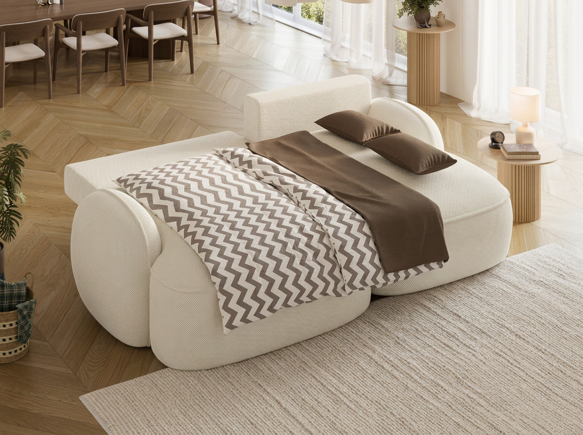 Canapé d'angle convertible design MIRABEAU avec coffre de rangement - Tissu texturé beige - vue 2