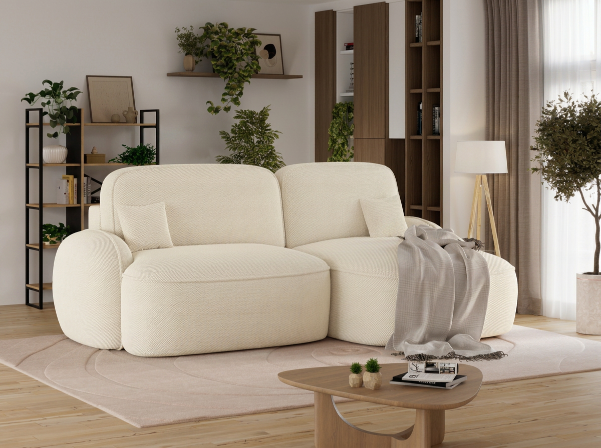 Canapé d'angle convertible design MIRABEAU avec coffre de rangement - Tissu texturé beige - vue 4