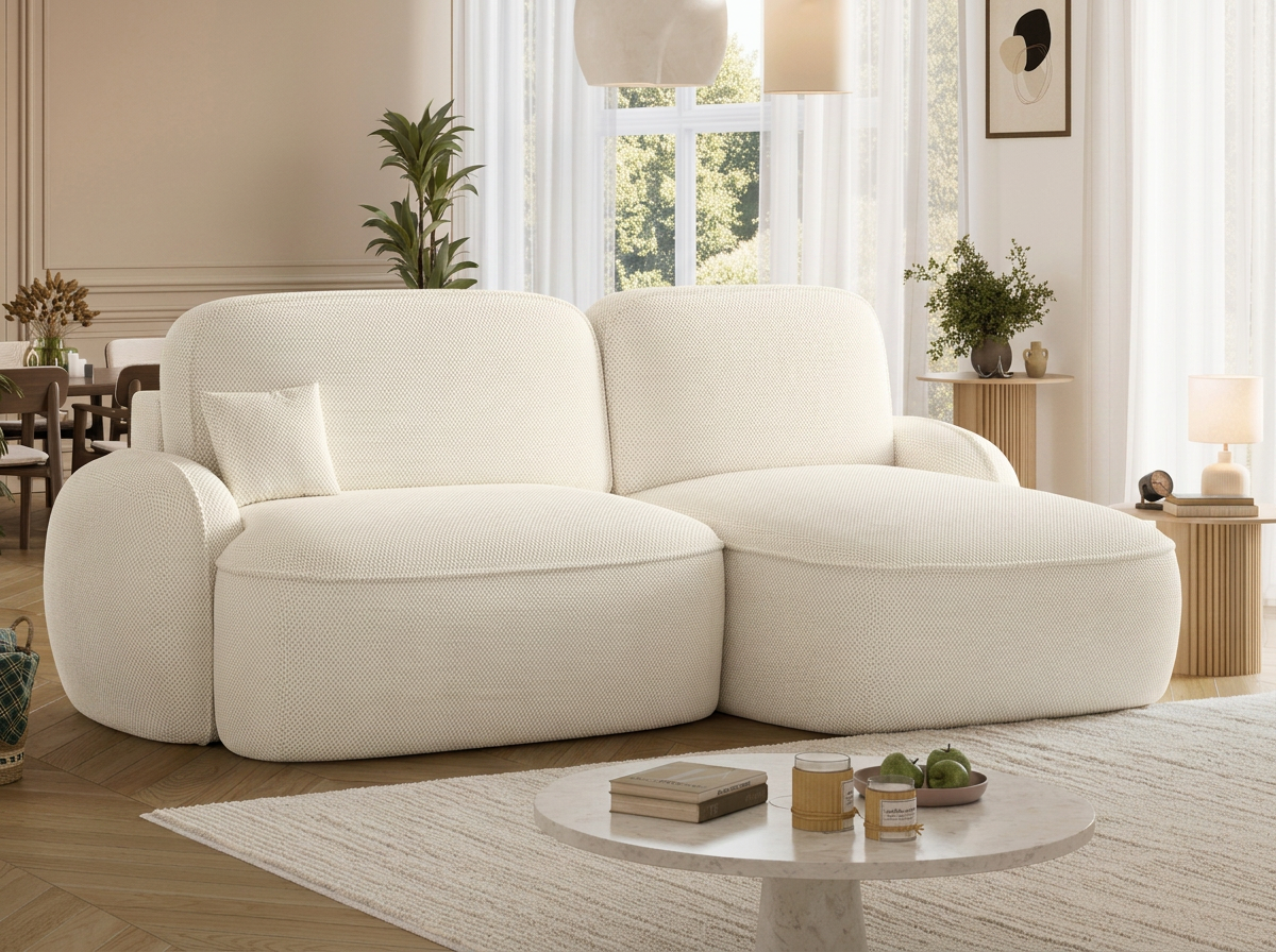 Canapé d'angle convertible design MIRABEAU avec coffre de rangement - Tissu texturé beige - vue 5