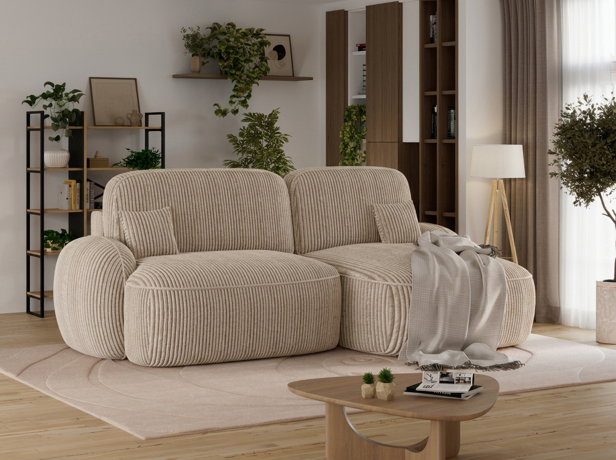 Canapé d'angle convertible design MIRABEAU avec coffre de rangement - Velours côtelé épais beige - vue 4
