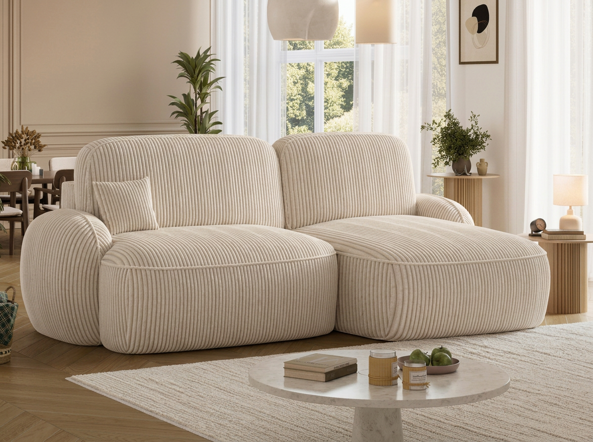 Canapé d'angle convertible design MIRABEAU avec coffre de rangement - Velours côtelé épais beige - vue 5