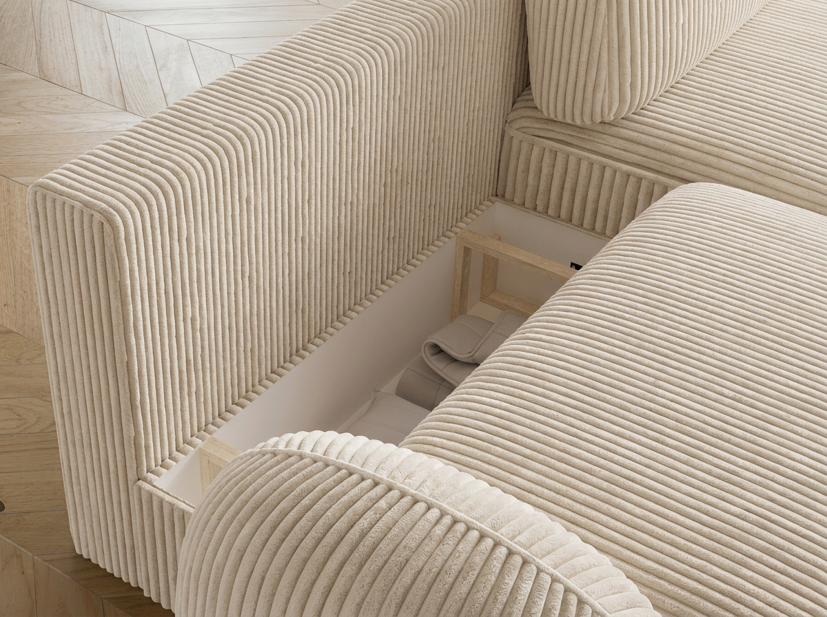 Canapé d'angle convertible design MIRABEAU avec coffre de rangement - Velours côtelé épais beige - vue 9