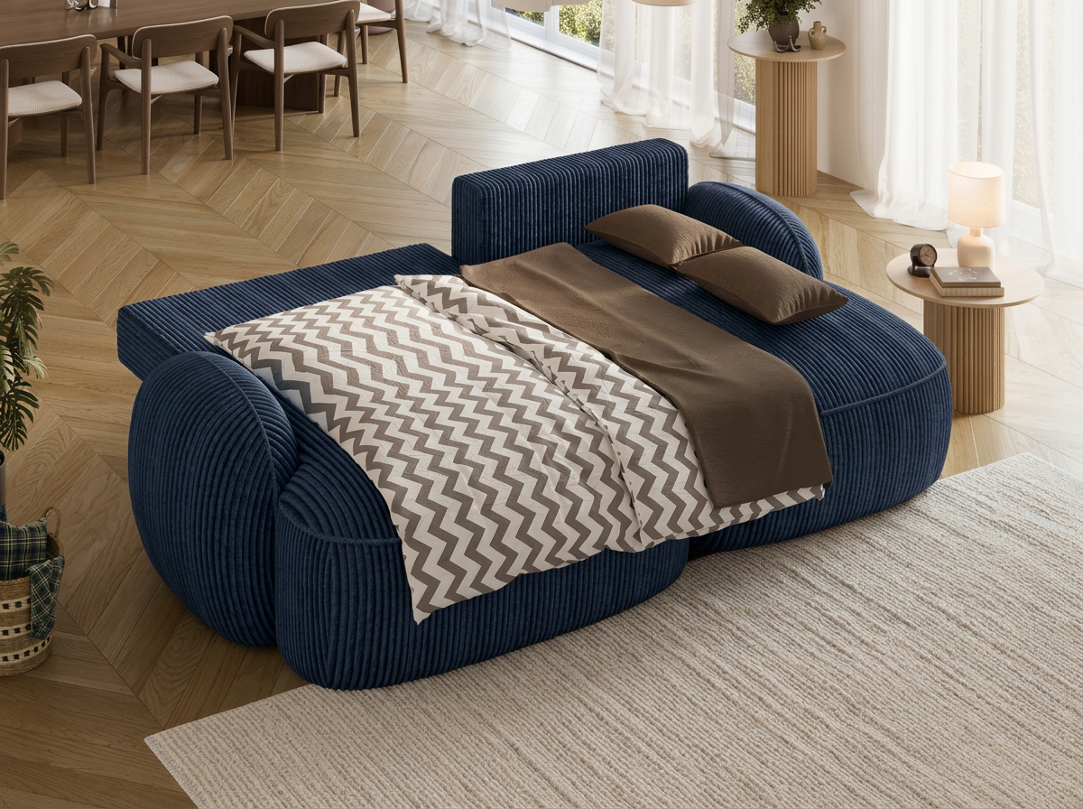 Canapé d'angle convertible design MIRABEAU avec coffre de rangement - Velours côtelé épais bleu - vue 2