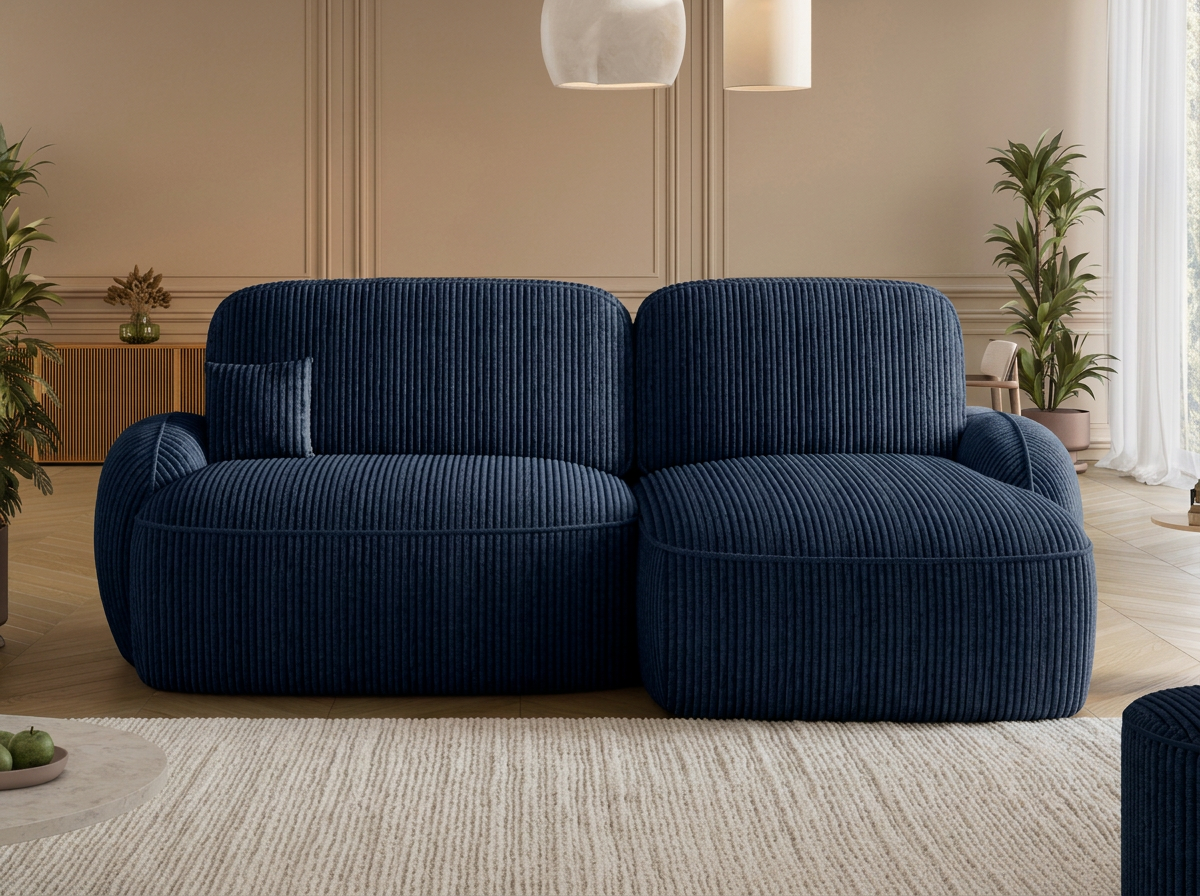 Canapé d'angle convertible design MIRABEAU avec coffre de rangement - Velours côtelé épais bleu - vue 3
