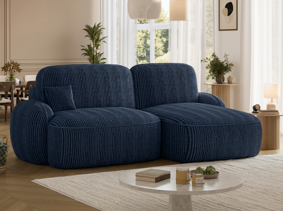 Canapé d'angle convertible design MIRABEAU avec coffre de rangement - Velours côtelé épais bleu - vue 5