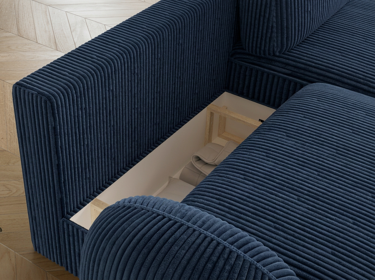 Canapé d'angle convertible design MIRABEAU avec coffre de rangement - Velours côtelé épais bleu - vue 9