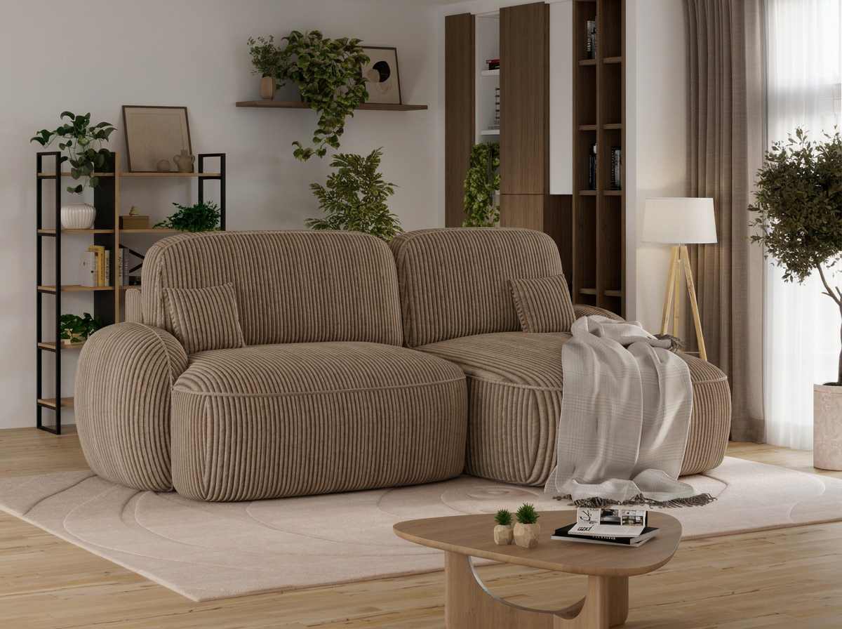 Canapé d'angle convertible design MIRABEAU avec coffre de rangement - Velours côtelé épais camel - vue 4