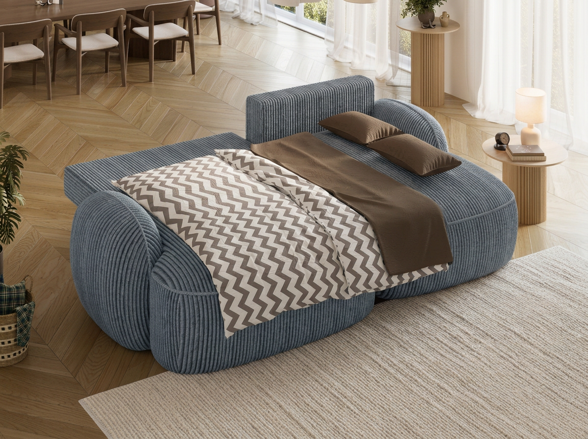 Canapé d'angle convertible design MIRABEAU avec coffre de rangement - Velours côtelé épais gris bleu - vue 2