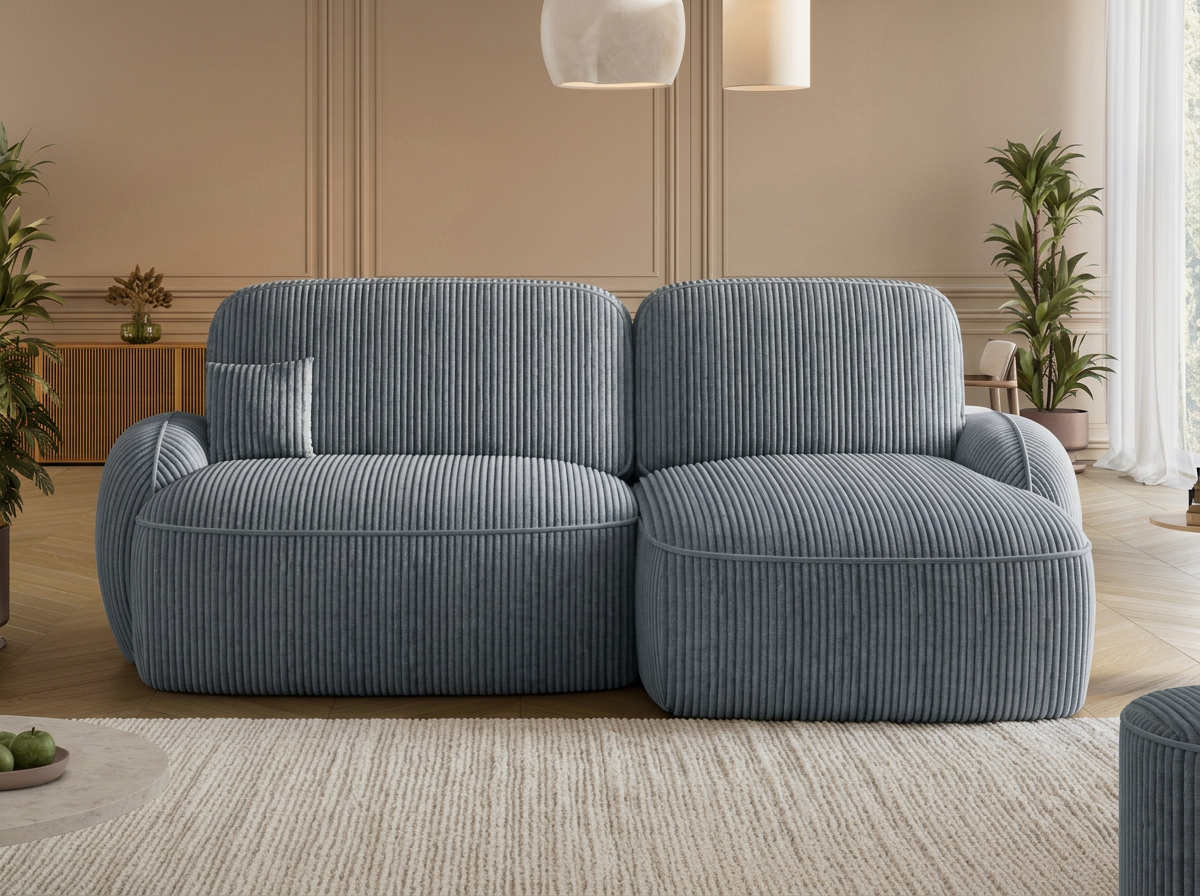 Canapé d'angle convertible design MIRABEAU avec coffre de rangement - Velours côtelé épais gris bleu - vue 3