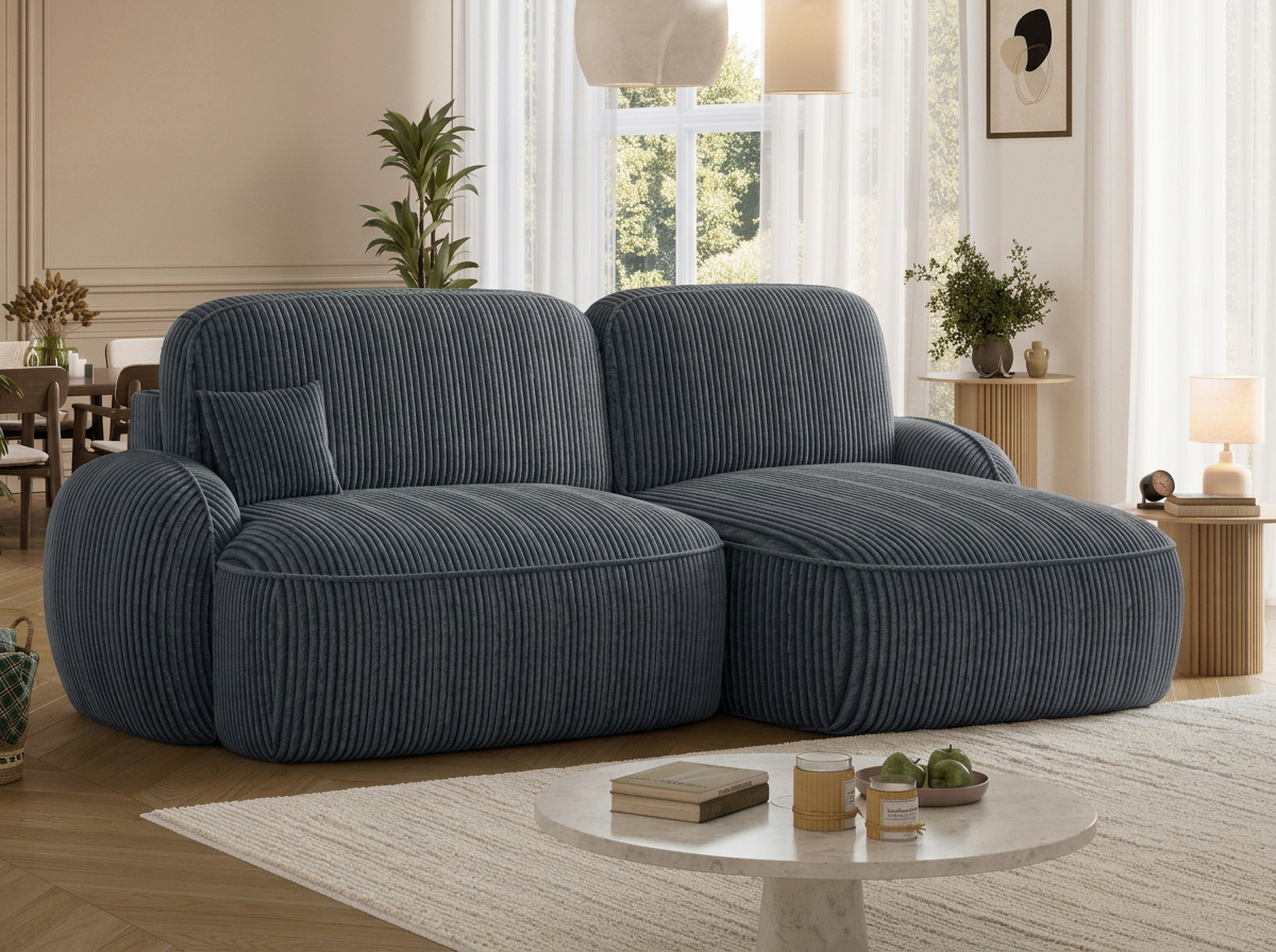 Canapé d'angle convertible design MIRABEAU avec coffre de rangement - Velours côtelé épais gris bleu - vue 5