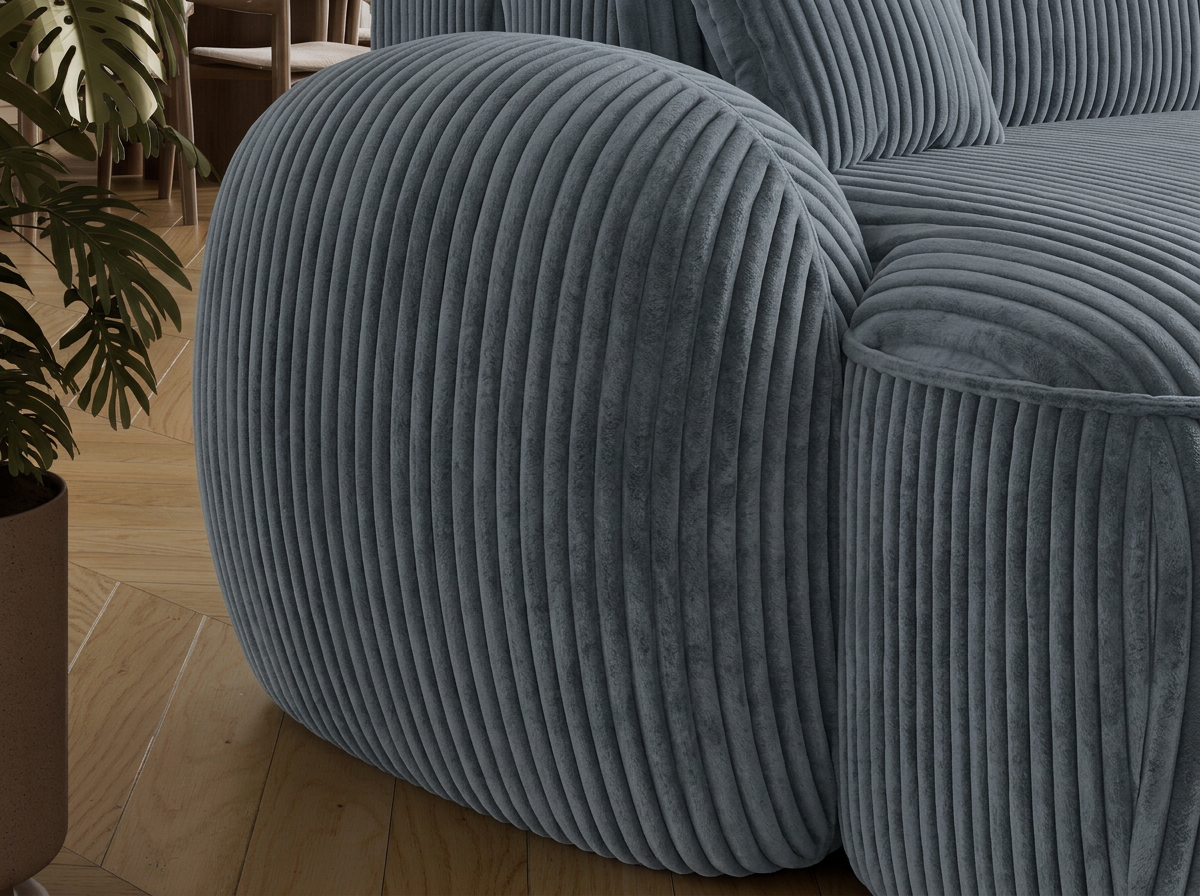 Canapé d'angle convertible design MIRABEAU avec coffre de rangement - Velours côtelé épais gris bleu - vue 8