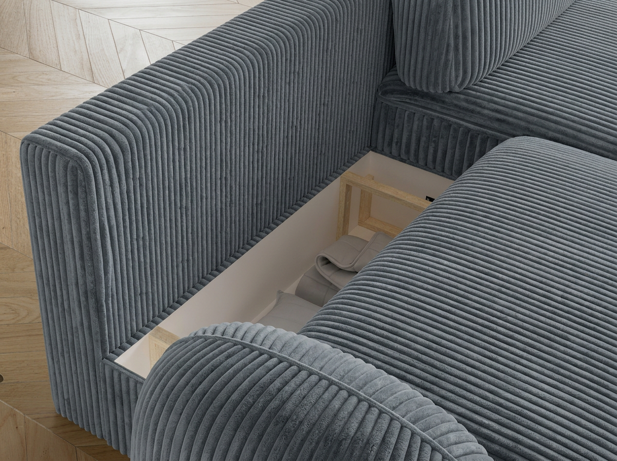 Canapé d'angle convertible design MIRABEAU avec coffre de rangement - Velours côtelé épais gris bleu - vue 9