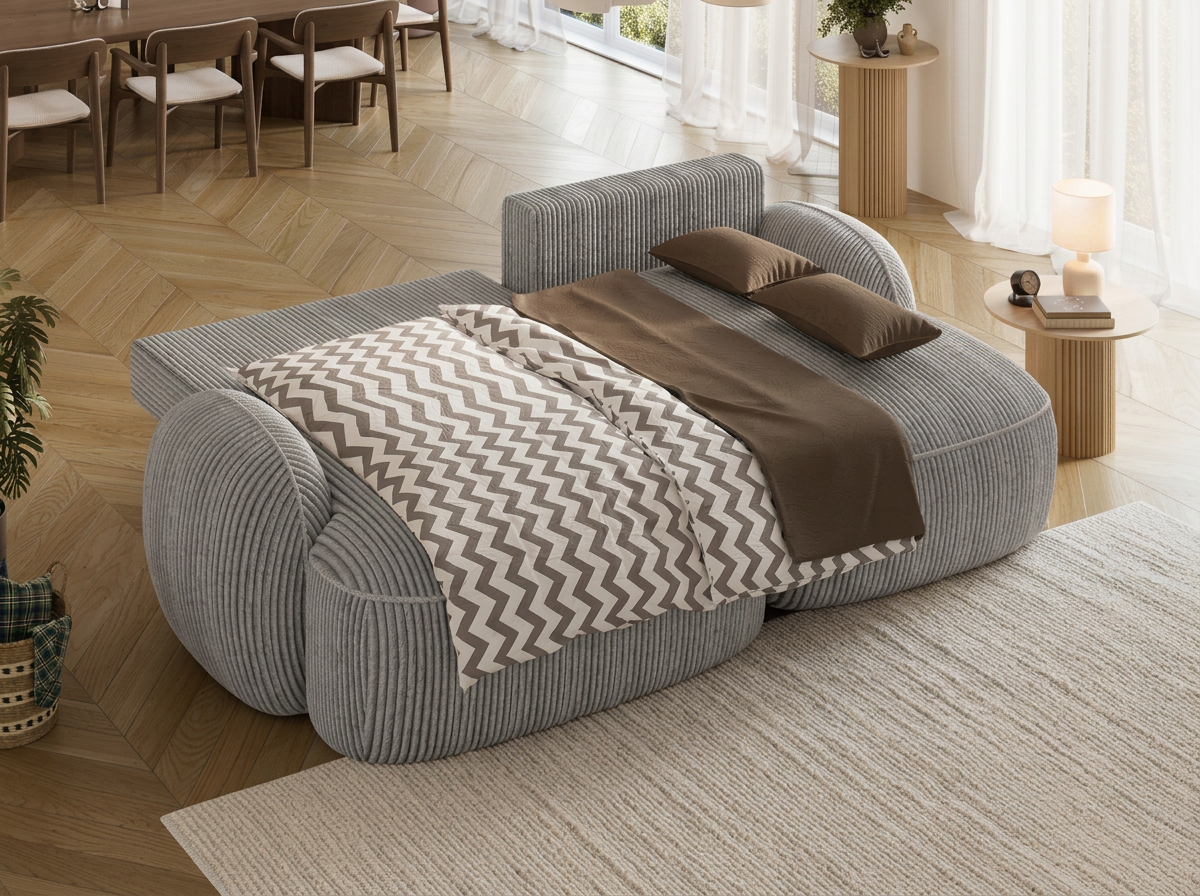Canapé d'angle convertible design MIRABEAU avec coffre de rangement - Velours côtelé épais gris clair - vue 2