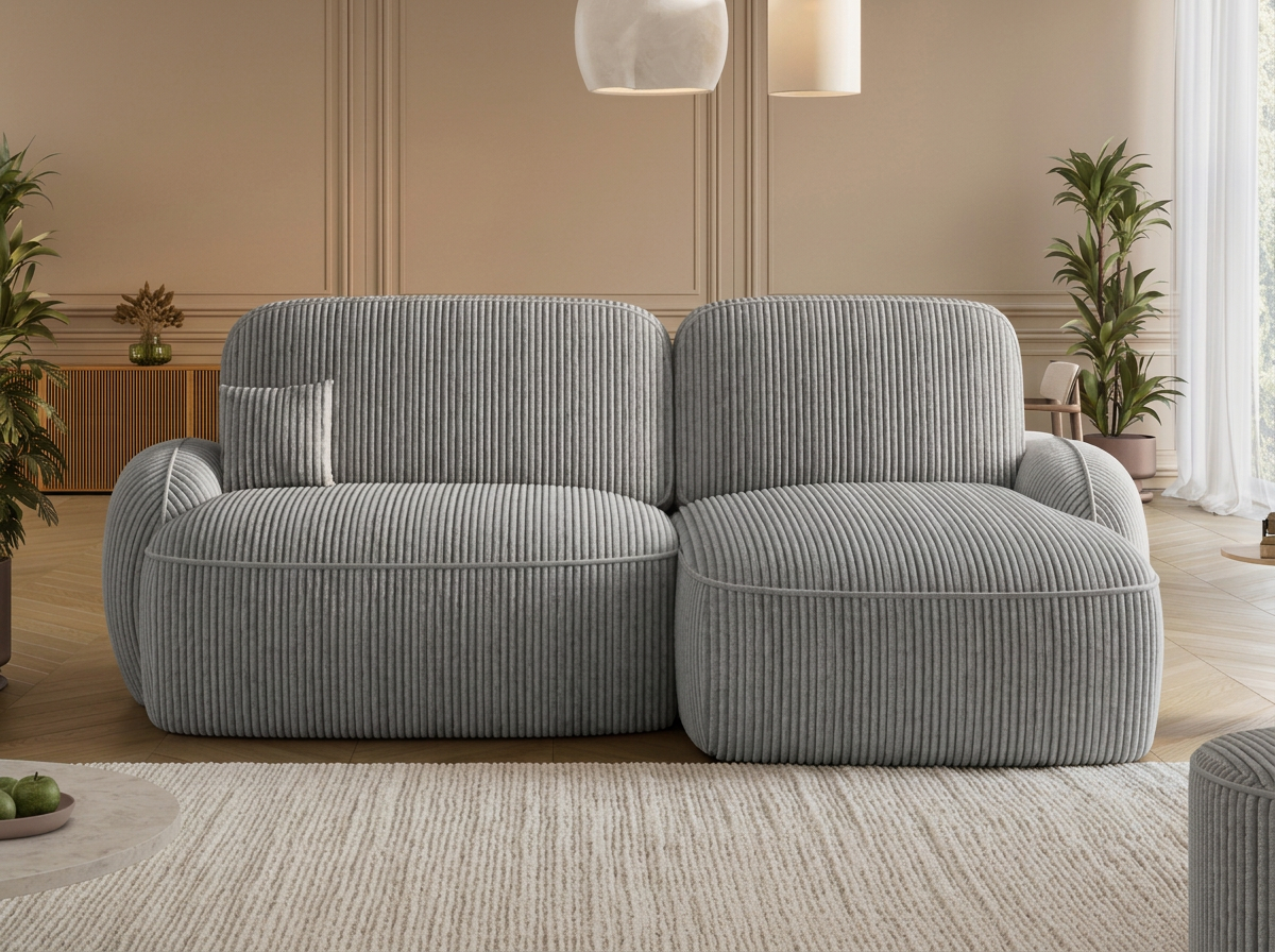 Canapé d'angle convertible design MIRABEAU avec coffre de rangement - Velours côtelé épais gris clair - vue 3
