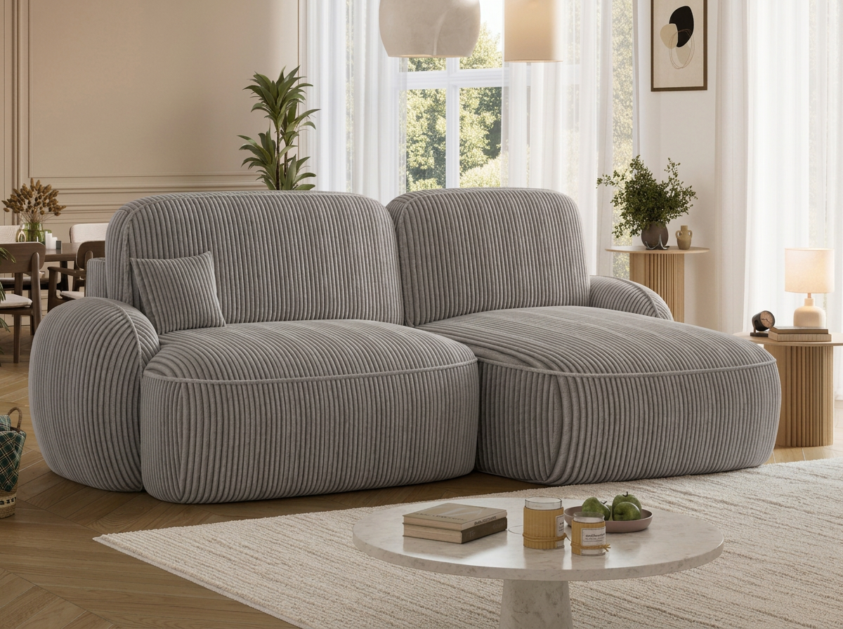 Canapé d'angle convertible design MIRABEAU avec coffre de rangement - Velours côtelé épais gris clair - vue 5