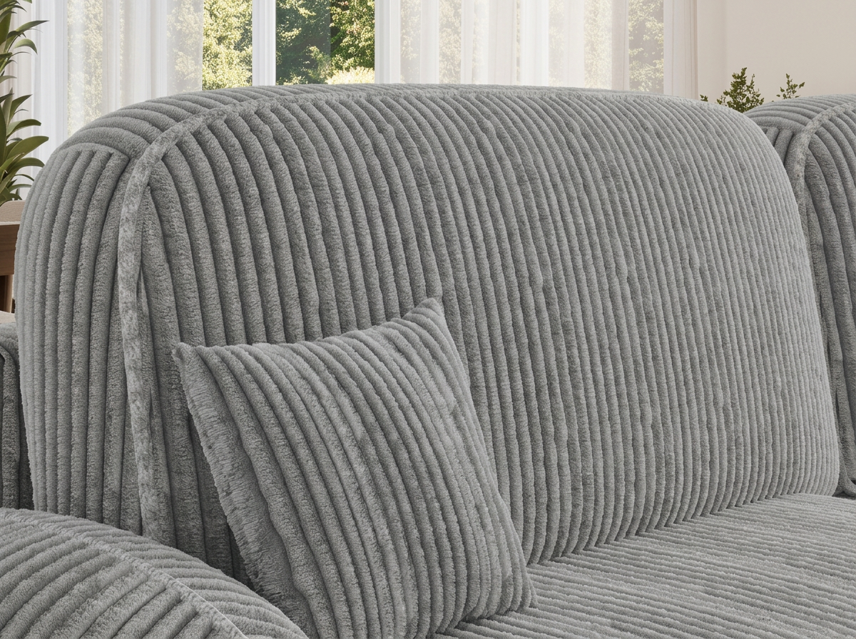 Canapé d'angle convertible design MIRABEAU avec coffre de rangement - Velours côtelé épais gris clair - vue 6