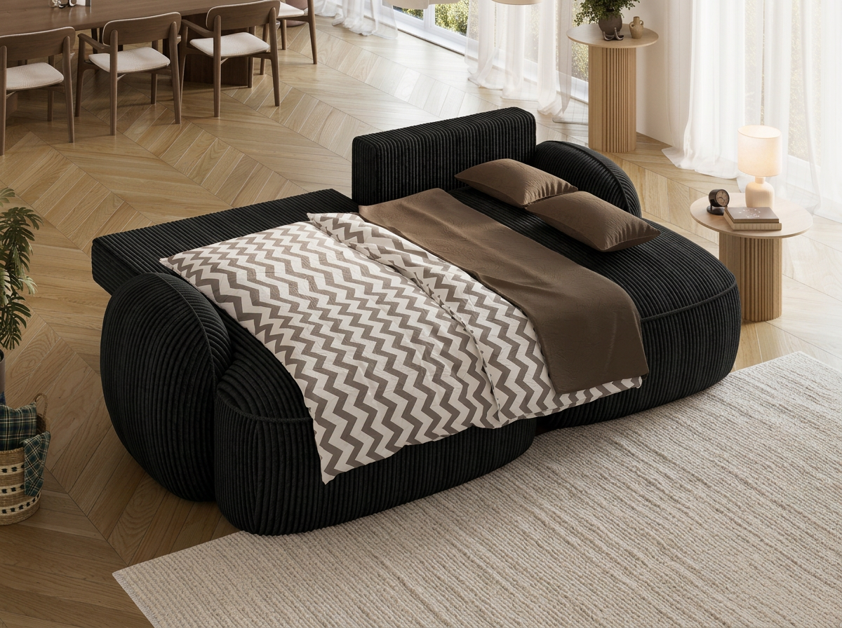 Canapé d'angle convertible design MIRABEAU avec coffre de rangement - Velours côtelé épais noir - vue 2