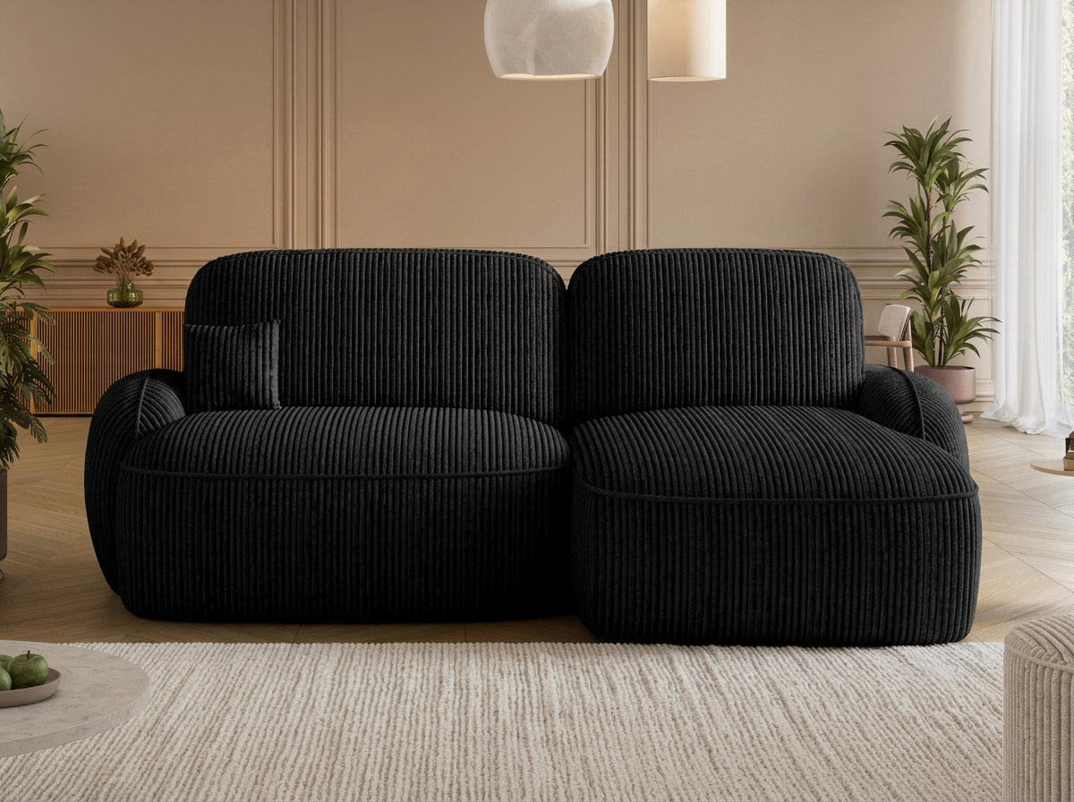 Canapé d'angle convertible design MIRABEAU avec coffre de rangement - Velours côtelé épais noir - vue 3