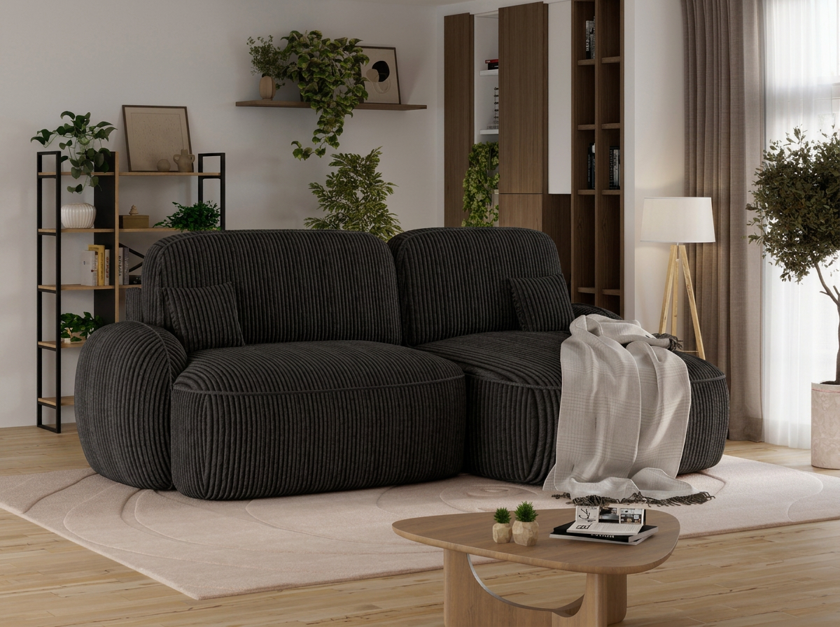 Canapé d'angle convertible design MIRABEAU avec coffre de rangement - Velours côtelé épais noir - vue 4