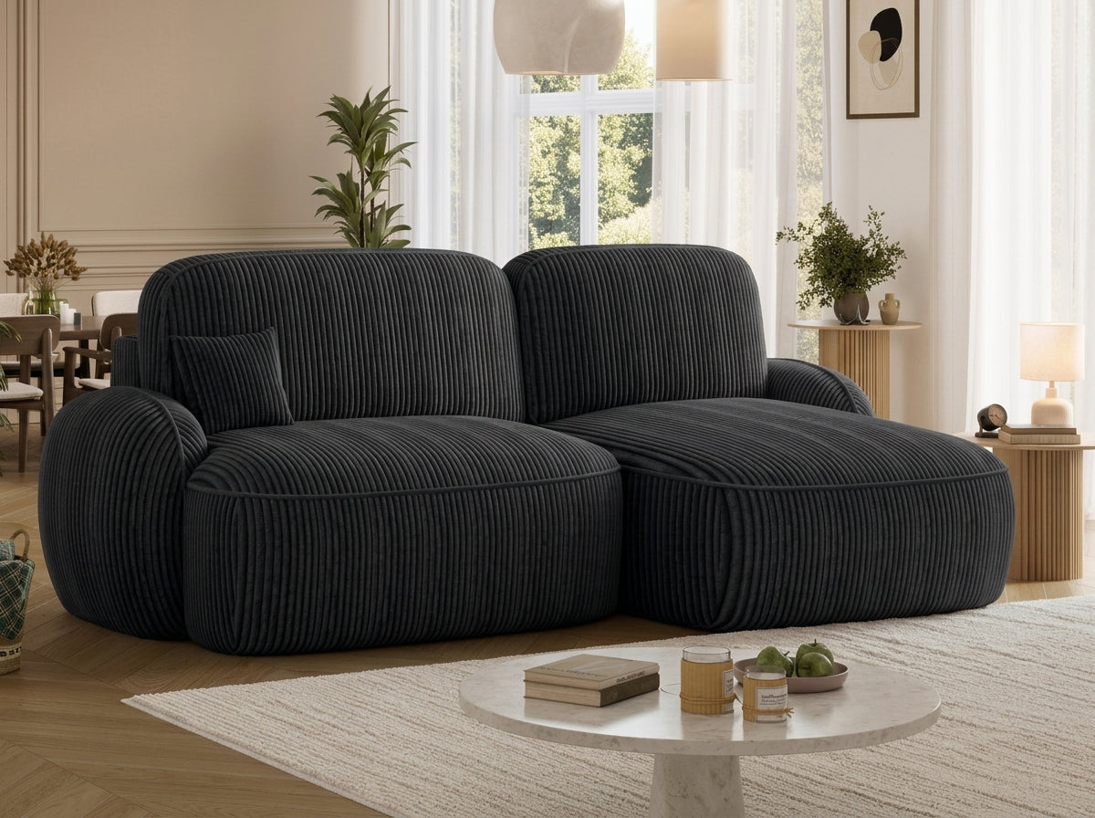 Canapé d'angle convertible design MIRABEAU avec coffre de rangement - Velours côtelé épais noir - vue 5