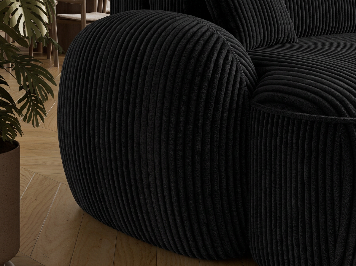 Canapé d'angle convertible design MIRABEAU avec coffre de rangement - Velours côtelé épais noir - vue 8