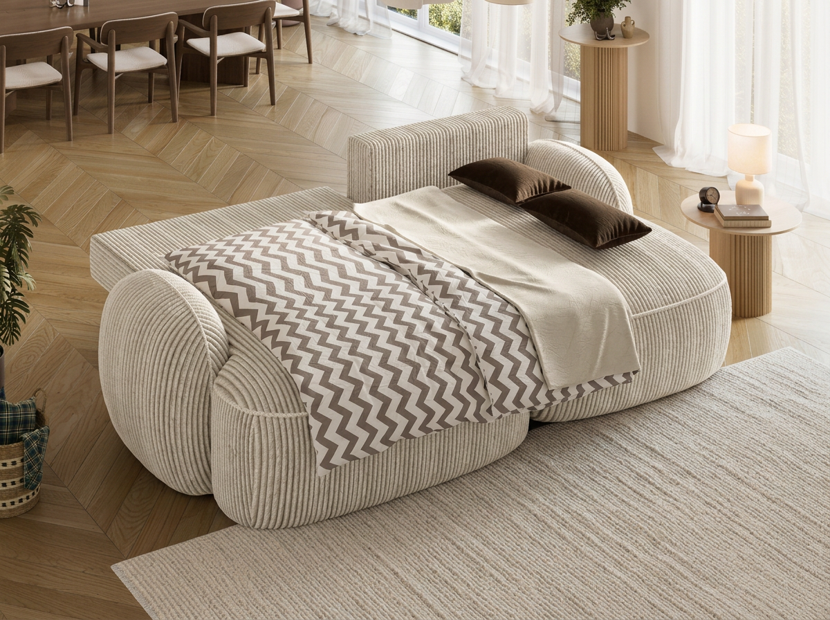 Canapé d'angle convertible design MIRABEAU avec coffre de rangement - Velours côtelé épais sable - vue 2
