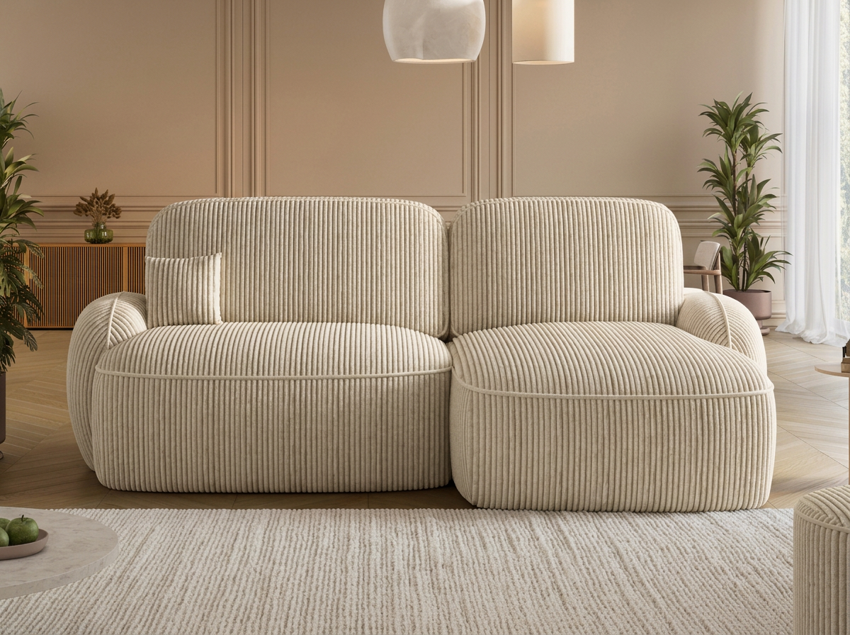 Canapé d'angle convertible design MIRABEAU avec coffre de rangement - Velours côtelé épais sable - vue 3