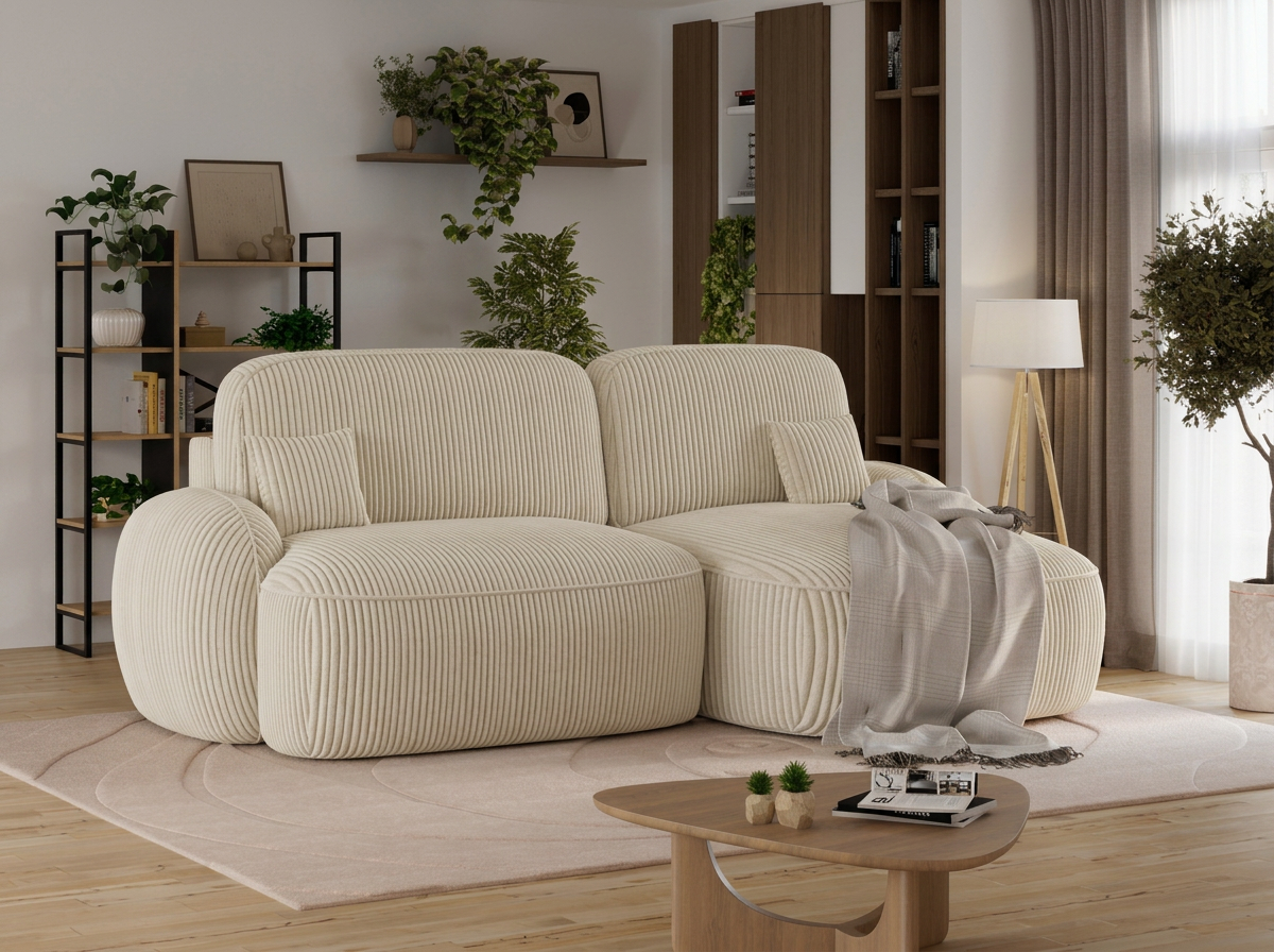 Canapé d'angle convertible design MIRABEAU avec coffre de rangement - Velours côtelé épais sable - vue 4