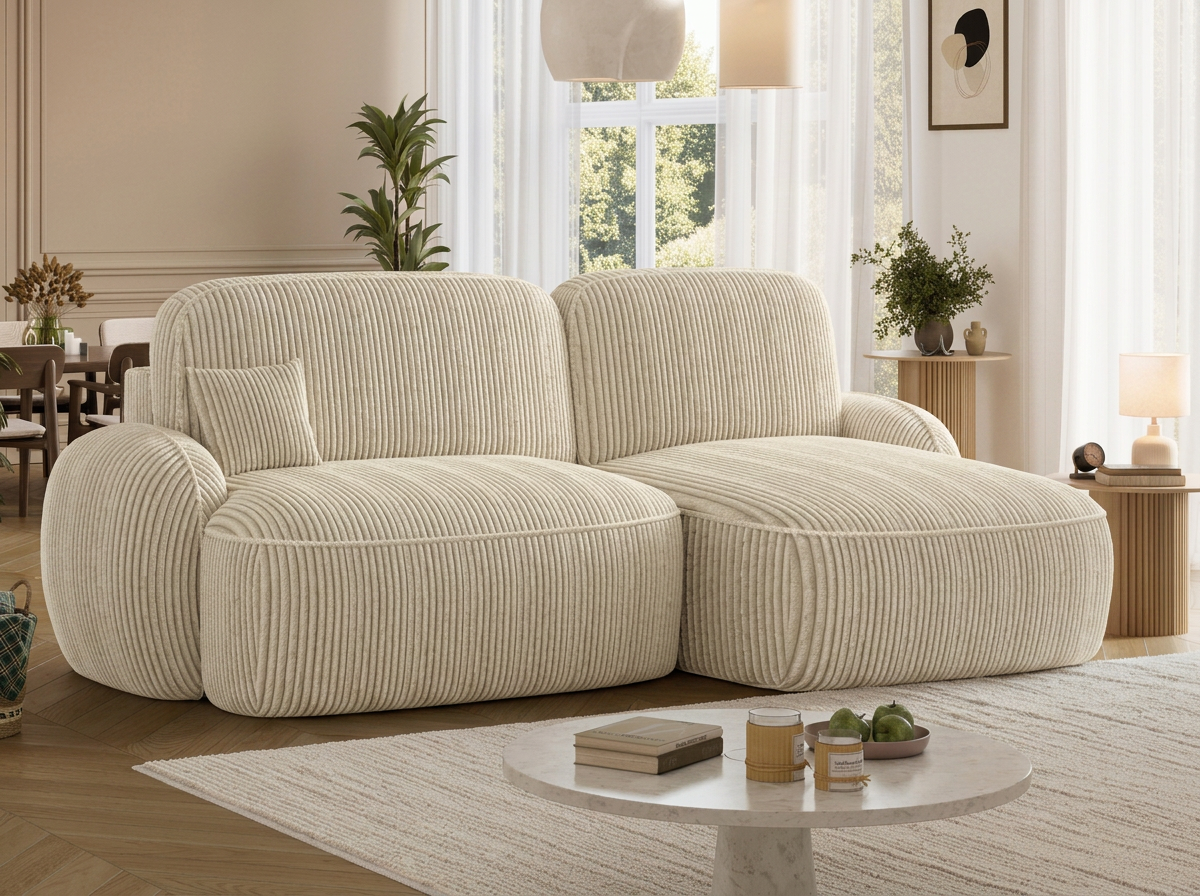 Canapé d'angle convertible design MIRABEAU avec coffre de rangement - Velours côtelé épais sable - vue 5