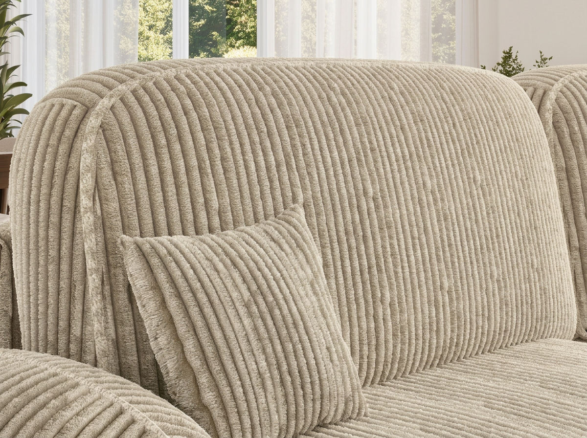 Canapé d'angle convertible design MIRABEAU avec coffre de rangement - Velours côtelé épais sable - vue 6
