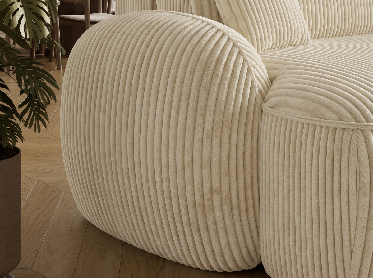 Canapé d'angle convertible design MIRABEAU avec coffre de rangement - Velours côtelé épais sable - vue 8