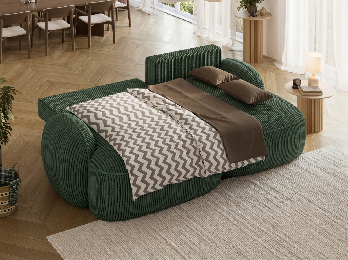 Canapé d'angle convertible design MIRABEAU avec coffre de rangement - Velours côtelé épais vert - vue 2